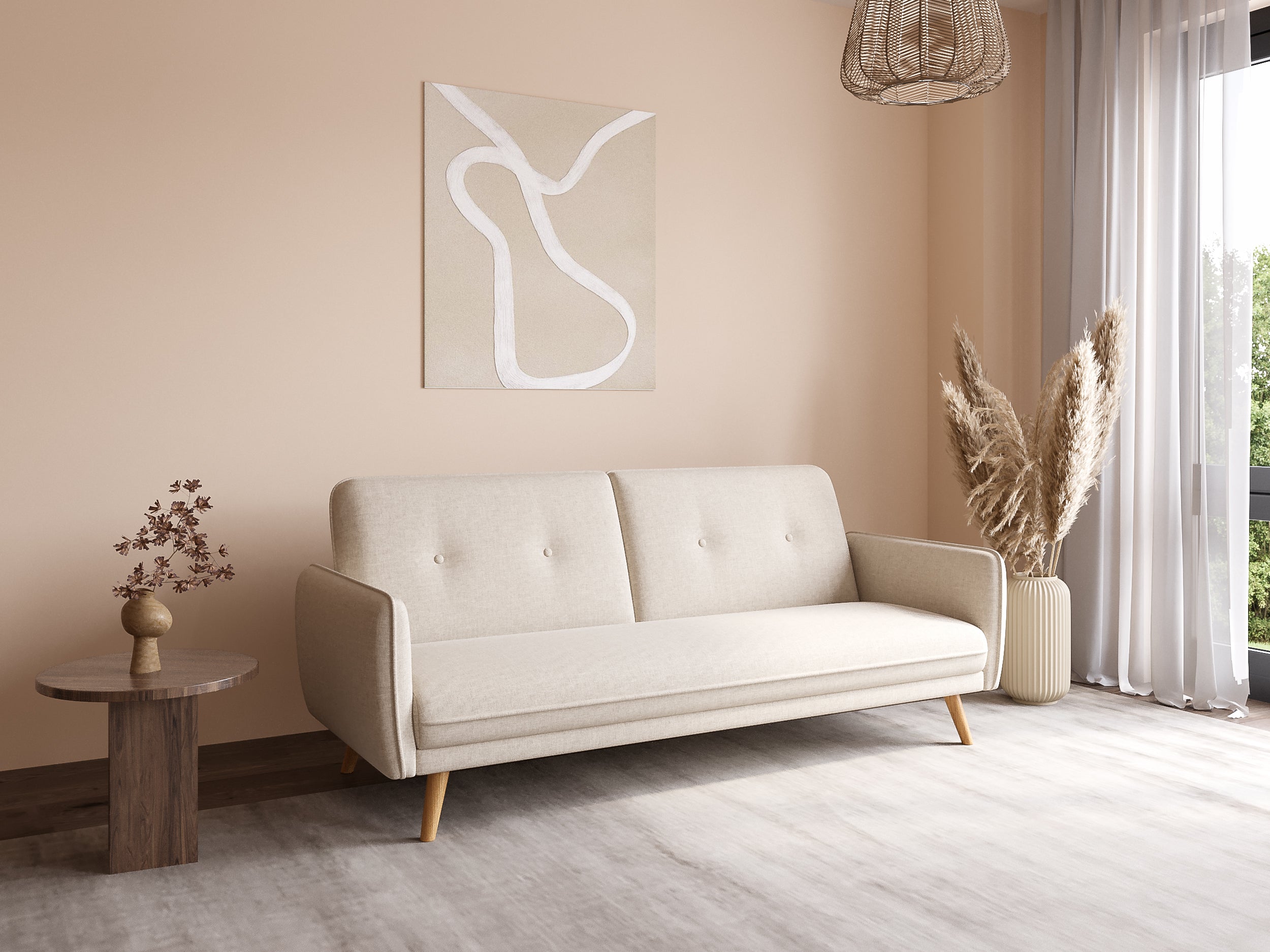 Sofá NATAL de tela beige con mecanismo clic-clac y patas de madera