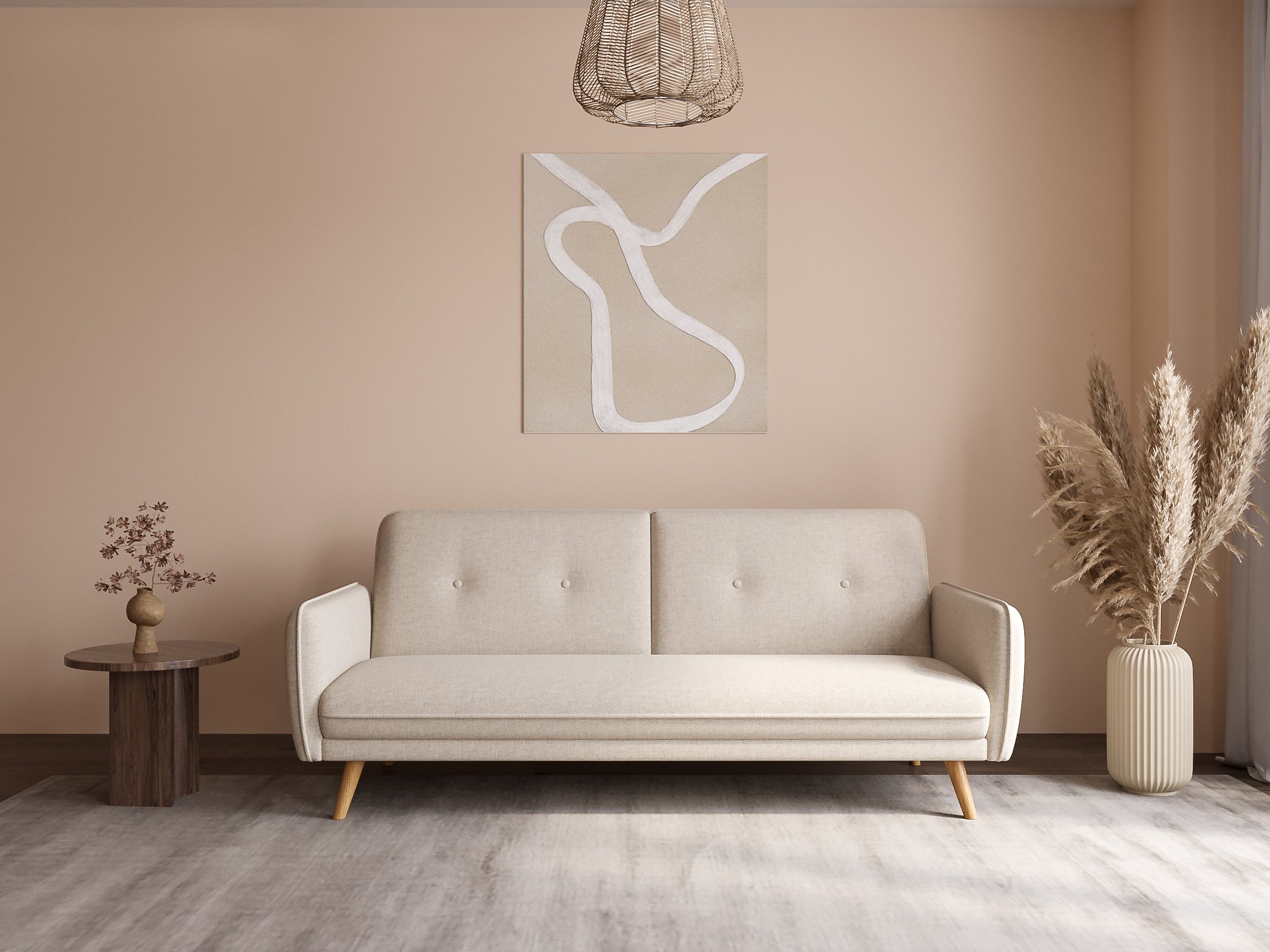 Sofá NATAL de tela beige con mecanismo clic-clac y patas de madera