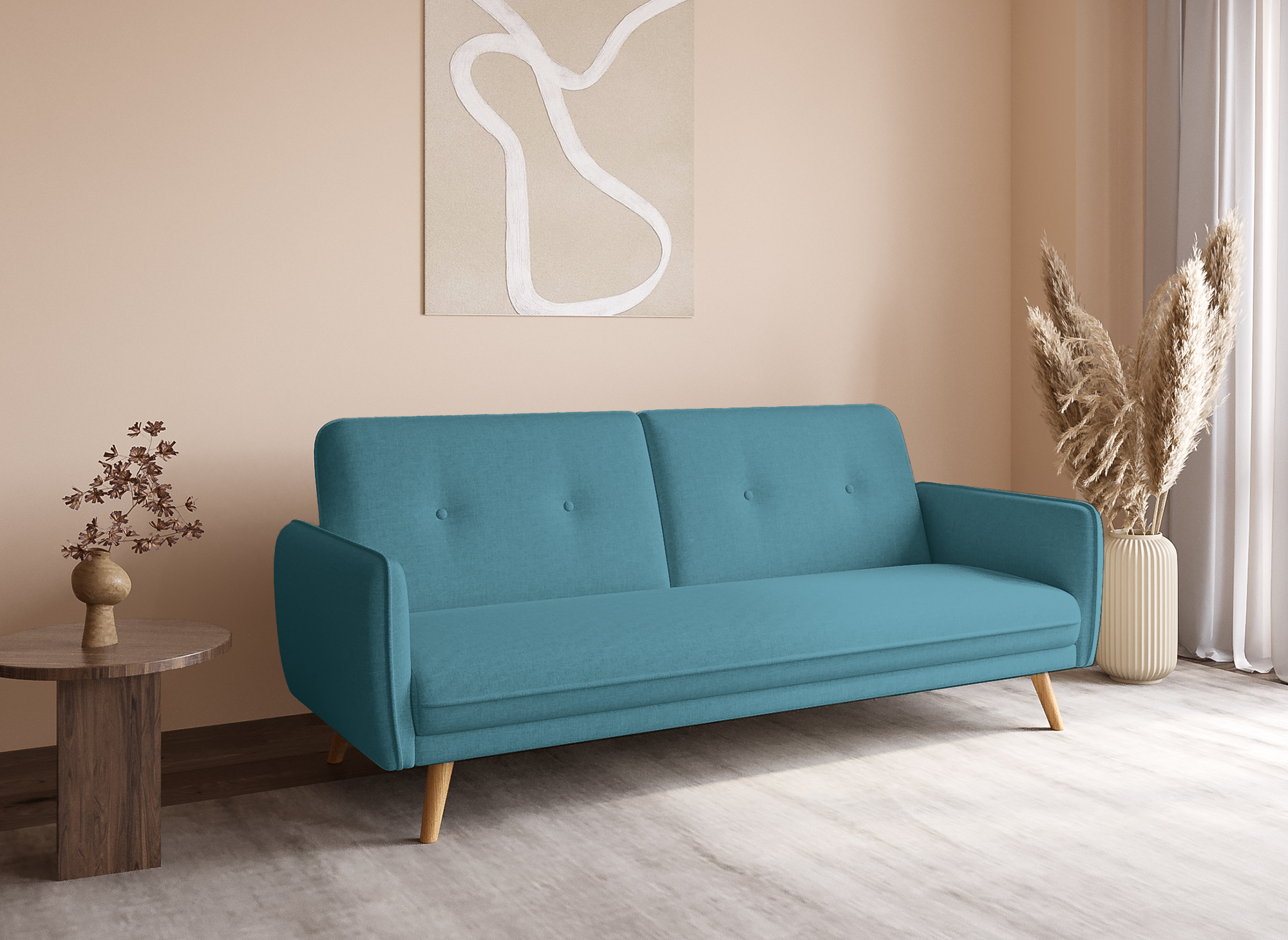 Sofá NATAL azul tapizado con mecanismo clic-clac y patas de madera