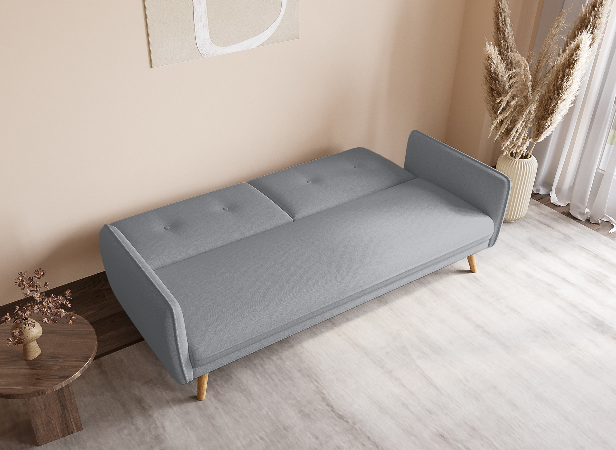 Sofá NATAL de tela gris claro con mecanismo clic-clac y patas de madera