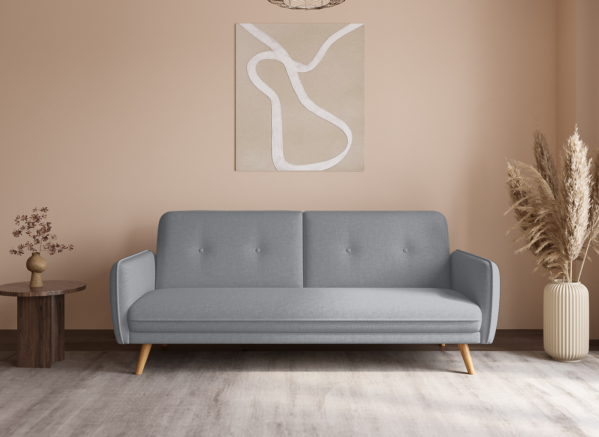 Sofá NATAL de tela gris claro con mecanismo clic-clac y patas de madera