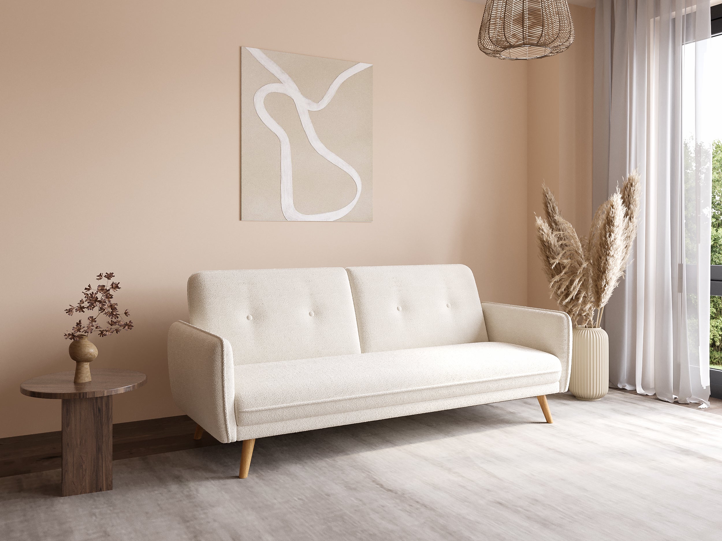 Sofá NATAL click-clack tapizado en tela bouclé color crudo con patas de madera