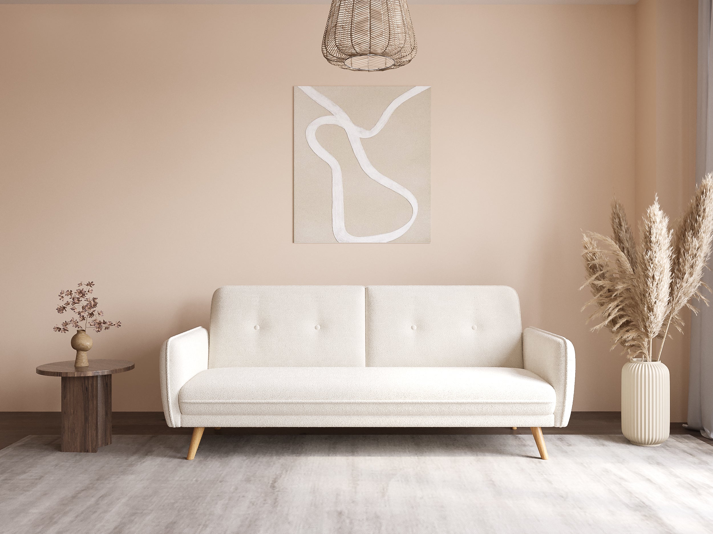 Sofá NATAL click-clack tapizado en tela bouclé color crudo con patas de madera