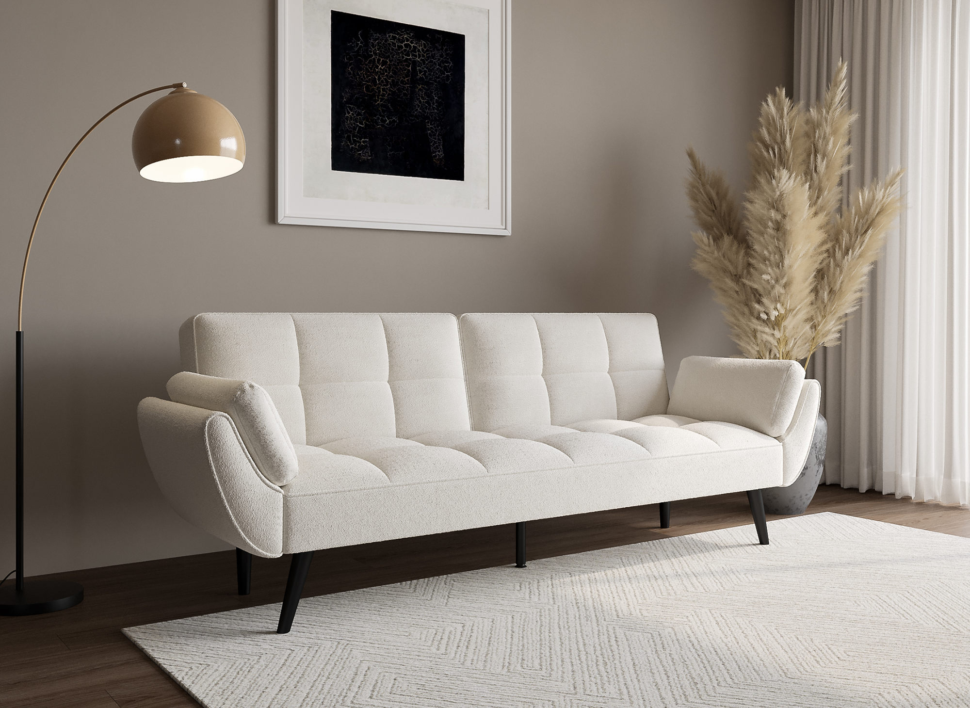 Sofá NARA de 3 plazas con mecanismo clic-clac en tejido bouclé color blanco roto