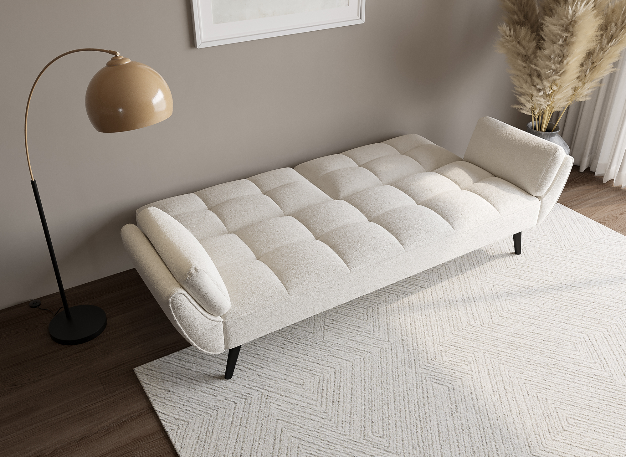 Sofá NARA de 3 plazas con mecanismo clic-clac en tejido bouclé color blanco roto