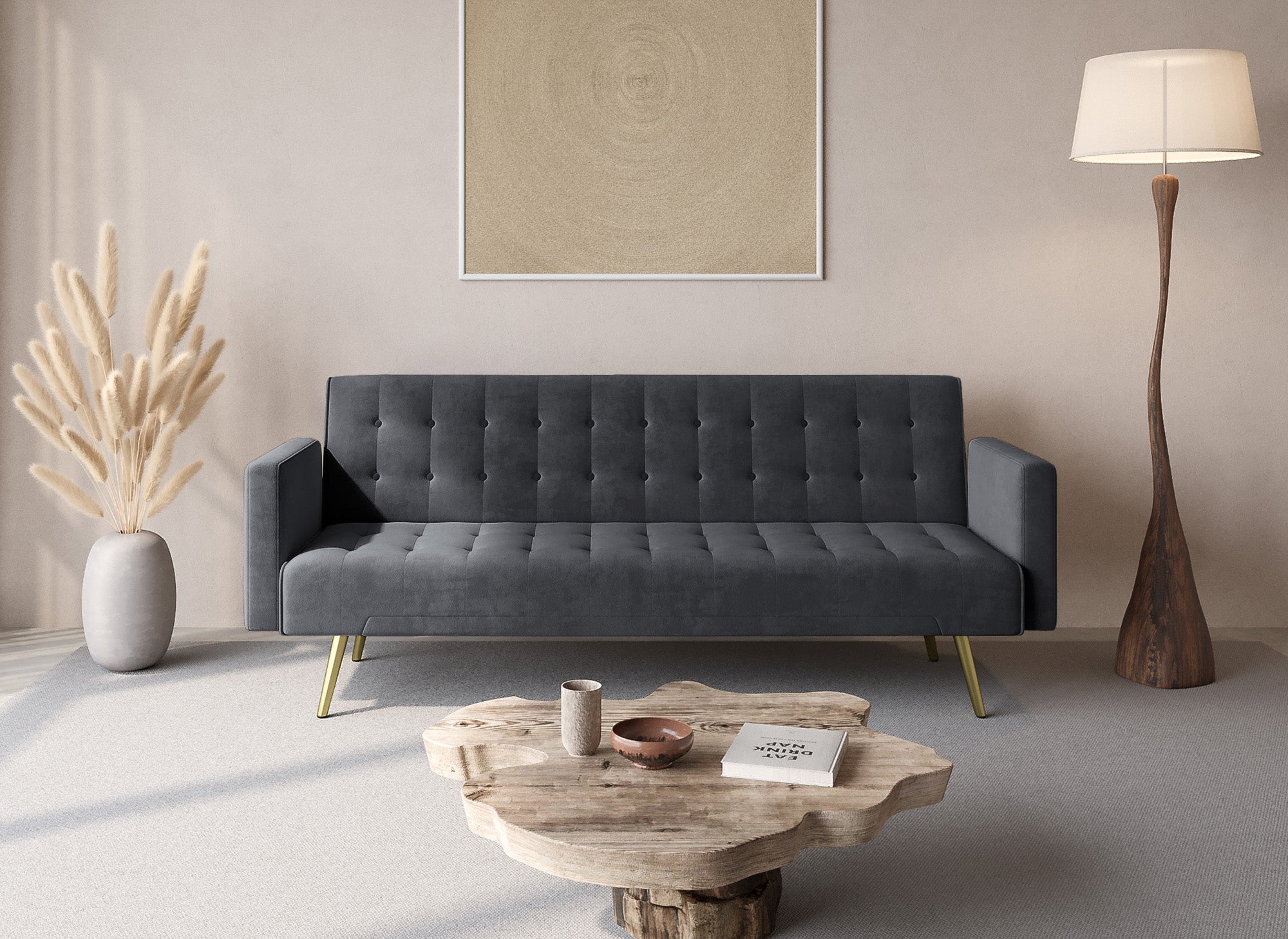 Sofá CHICAGO de terciopelo gris oscuro con mecanismo clic-clac y patas de metal dorado