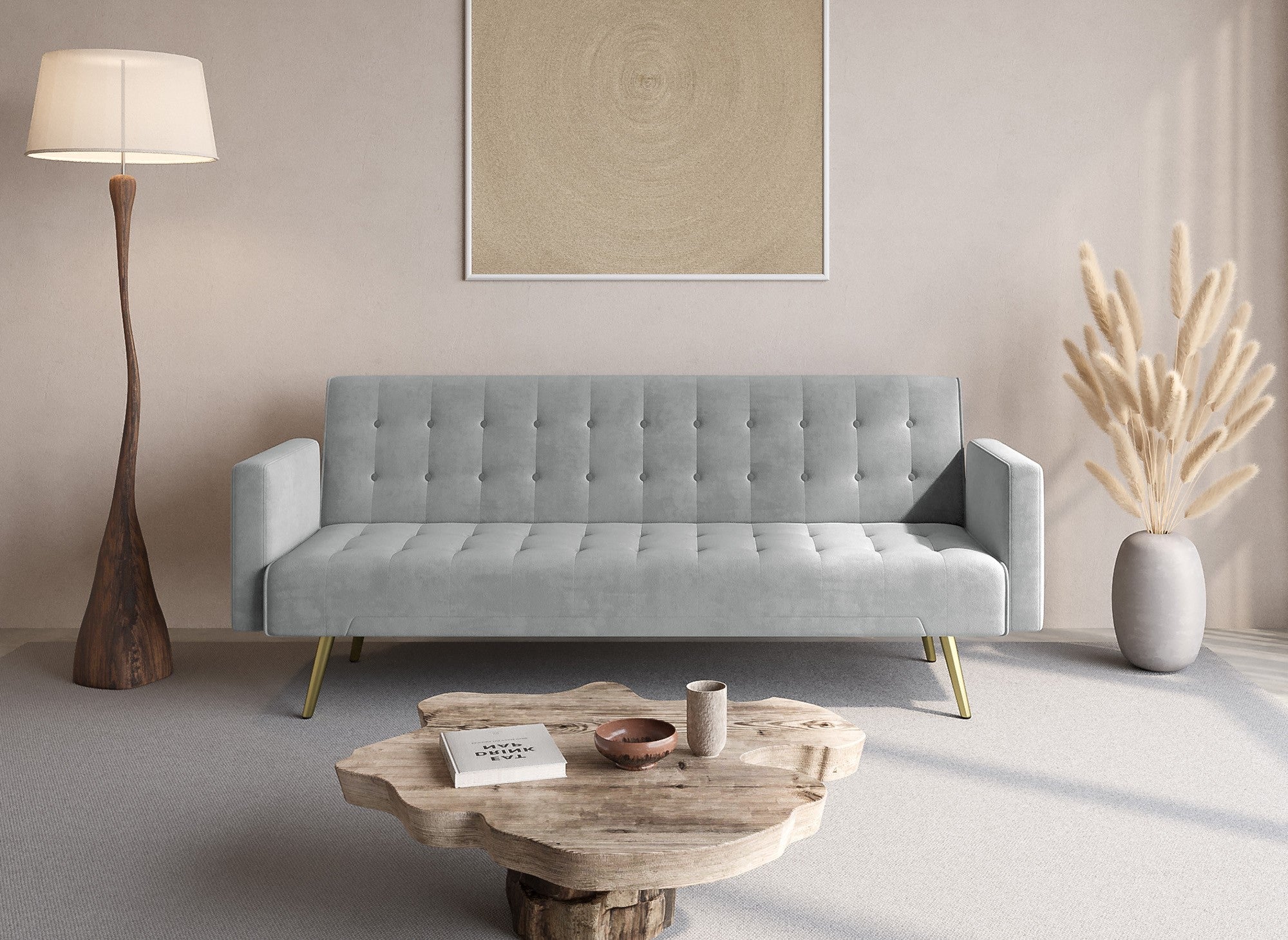 Sofá CHICAGO de terciopelo gris con mecanismo clic-clac y patas de metal dorado