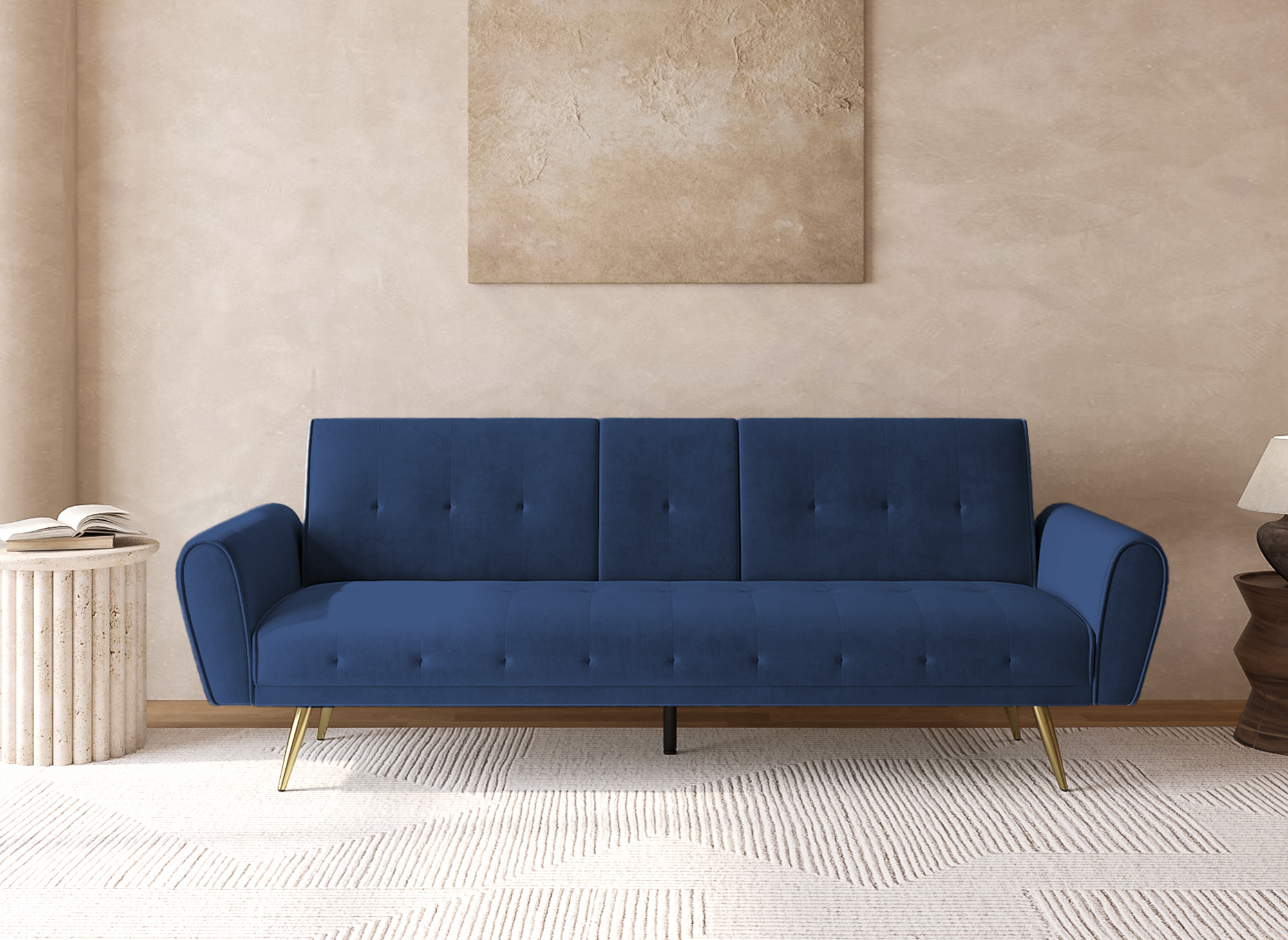 Sofá LIMA de terciopelo azul oscuro con mecanismo clic-clac y portavasos