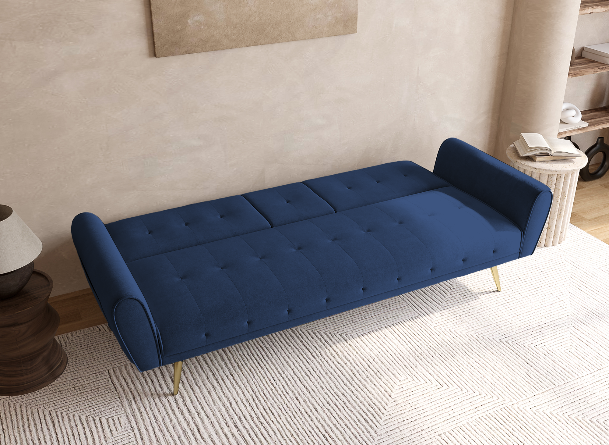 Sofá LIMA de terciopelo azul oscuro con mecanismo clic-clac y portavasos