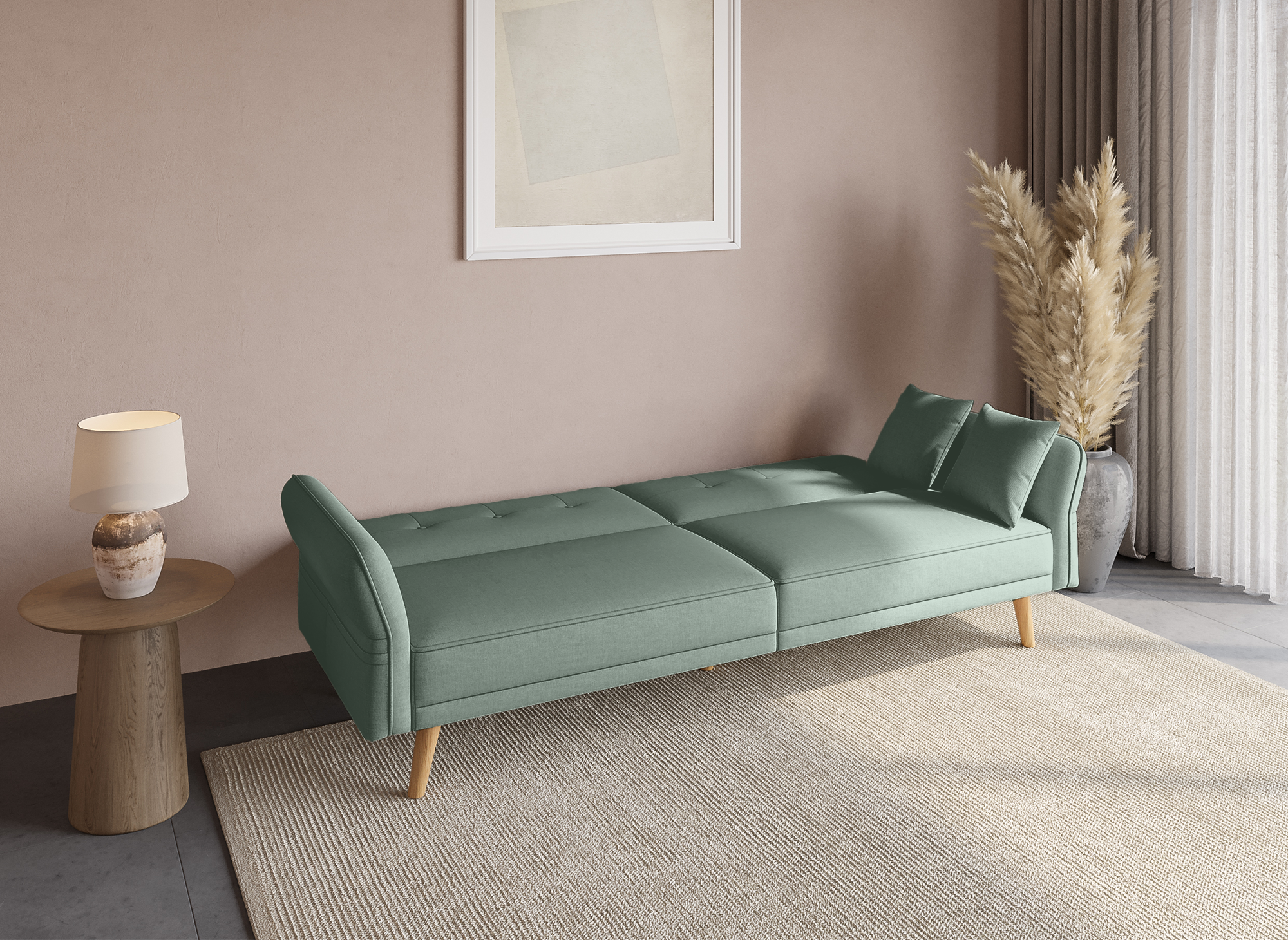 Sofá CHILI de 3 plazas con mecanismo clic-clac en tela verde agua