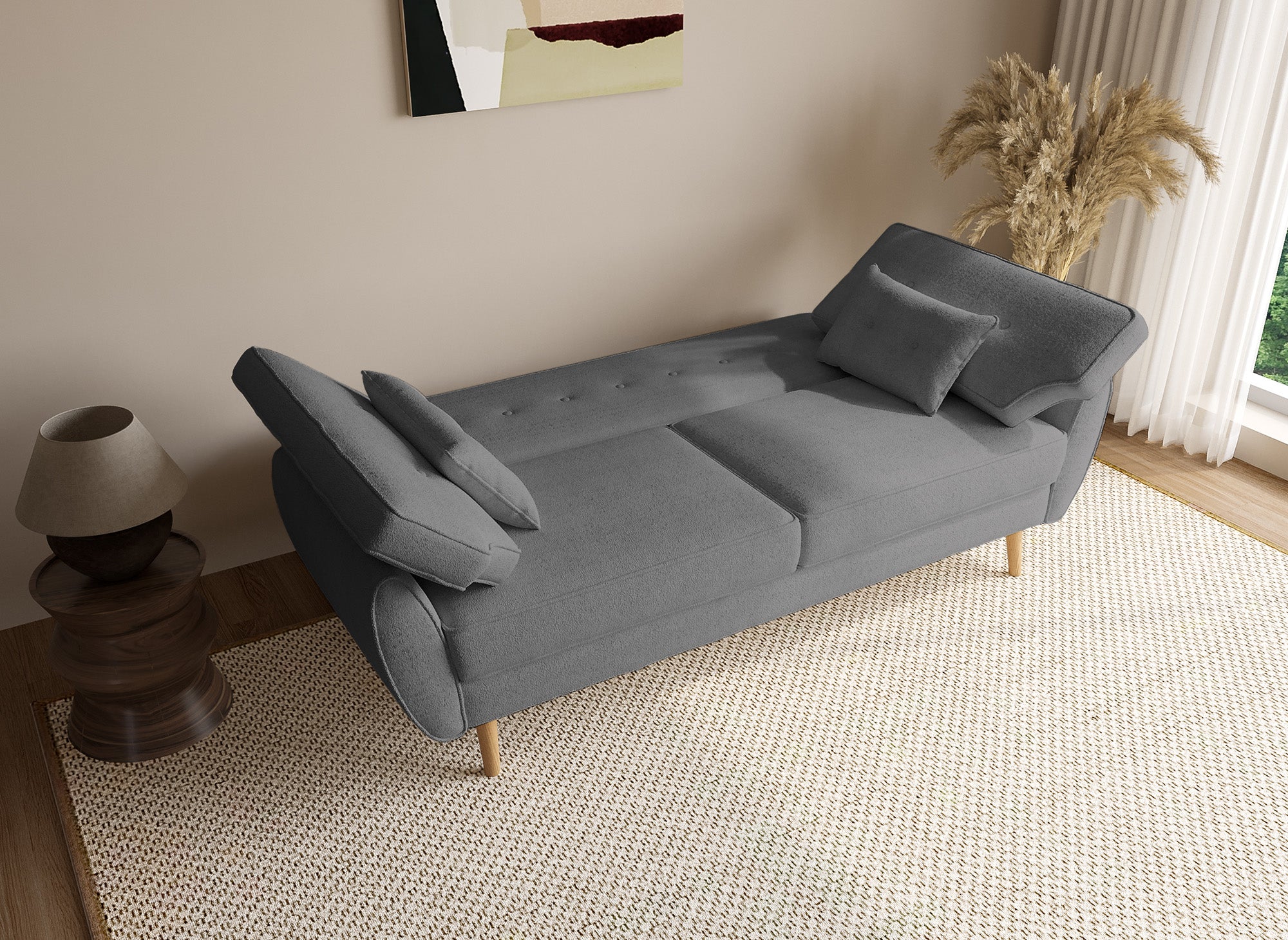 Sofá PANAMA click-clack tapizado en tela bouclé gris con patas de madera