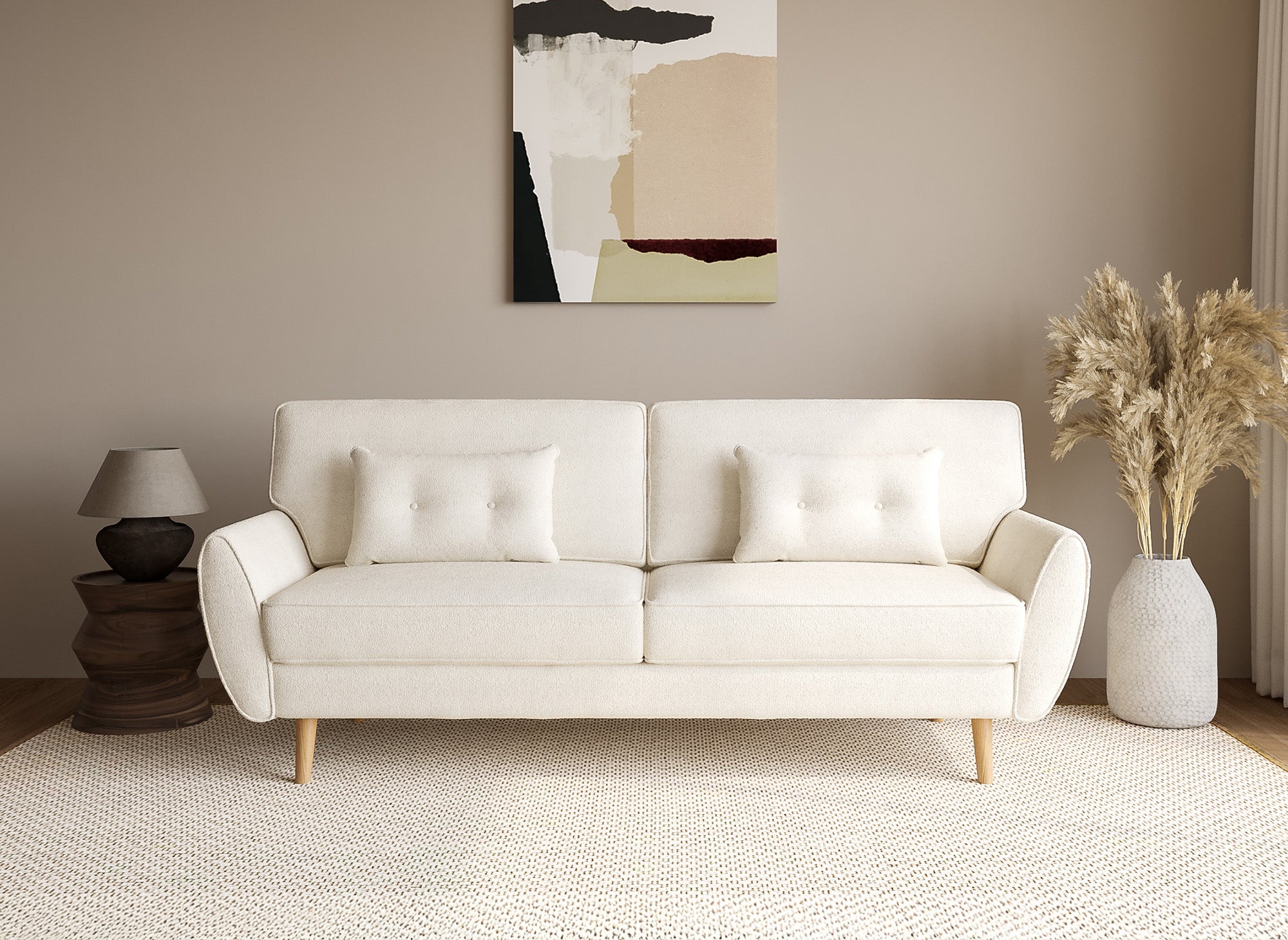 Sofá PANAMA click-clack tapizado en tela bouclé color crudo con patas de madera