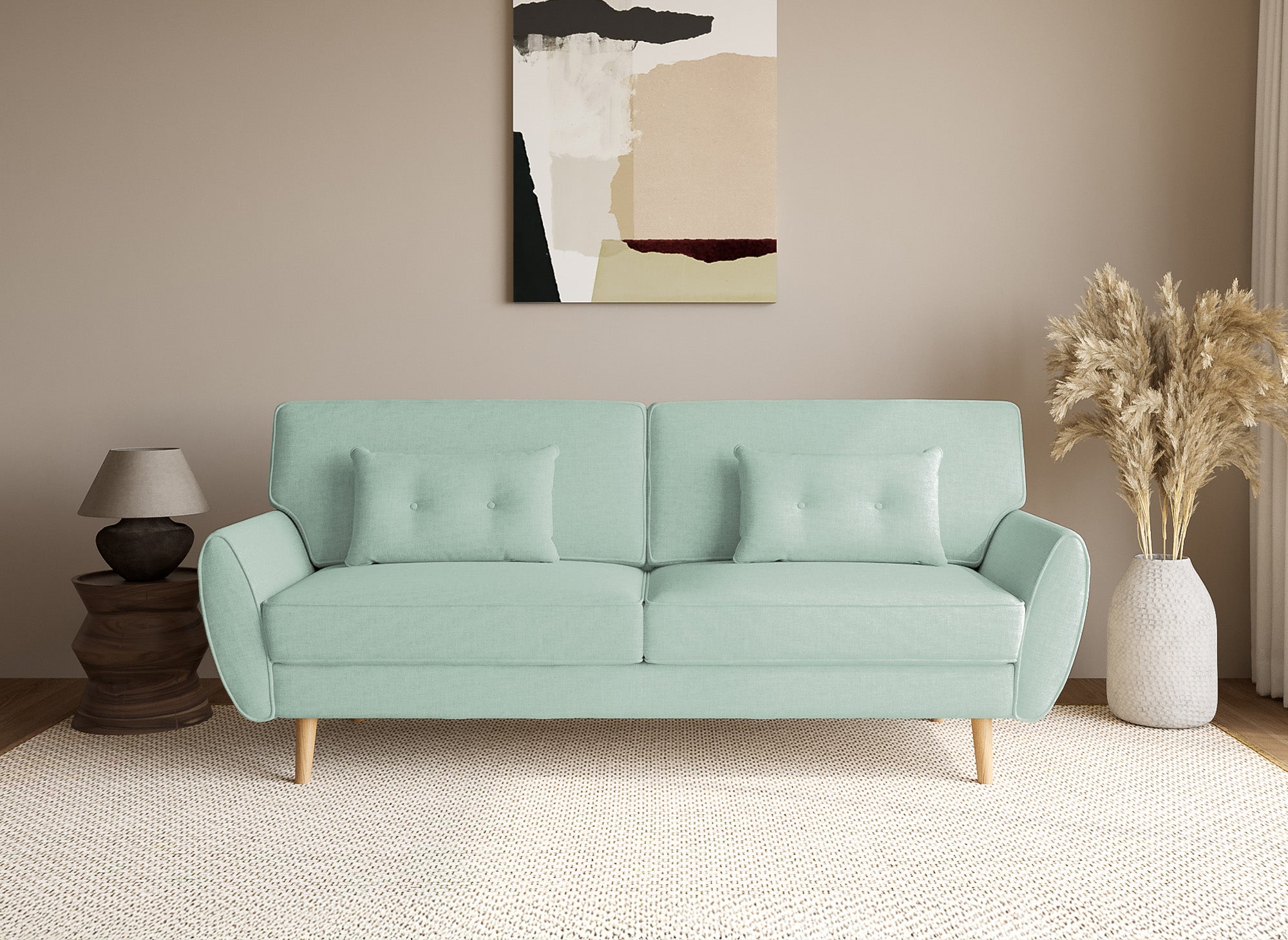 Sofá Panama clic-clack tapizado en tela verde claro con patas de madera