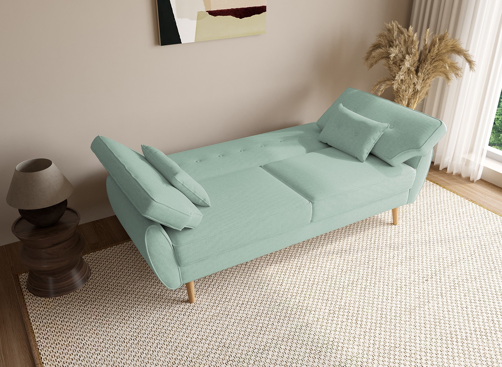 Sofá Panama clic-clack tapizado en tela verde claro con patas de madera