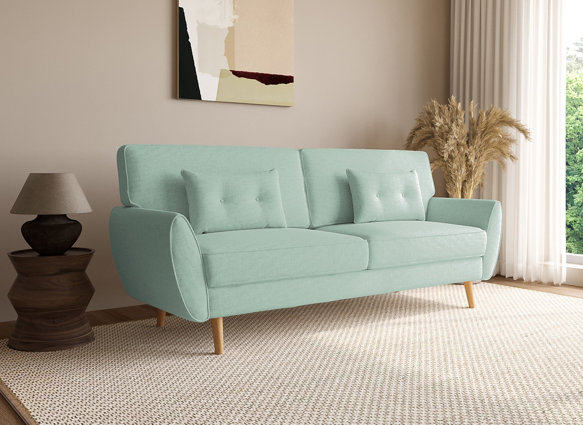 Sofá Panama clic-clack tapizado en tela verde claro con patas de madera