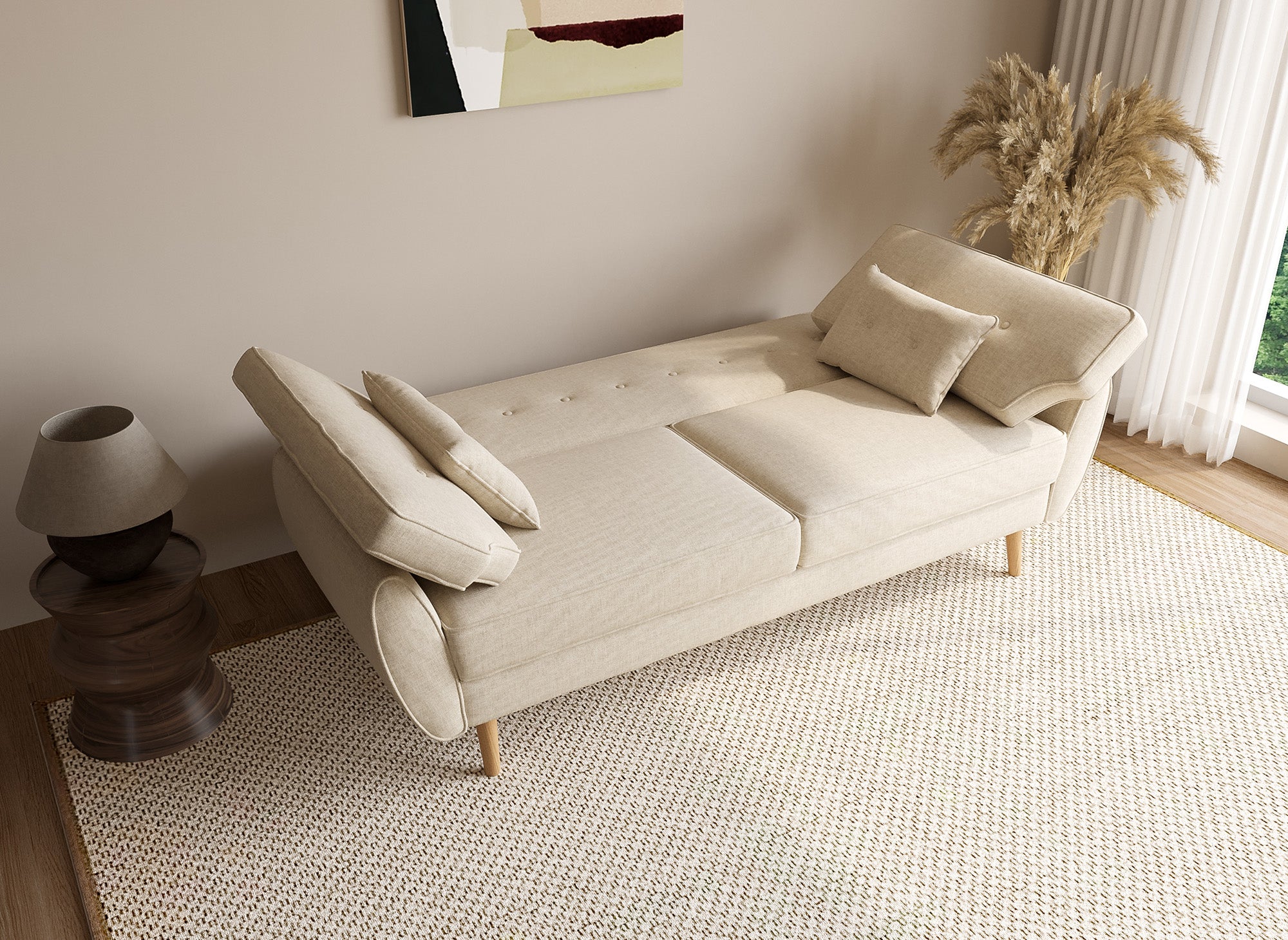 Sofá PANAMA de tela beige con mecanismo clic-clac y patas de madera