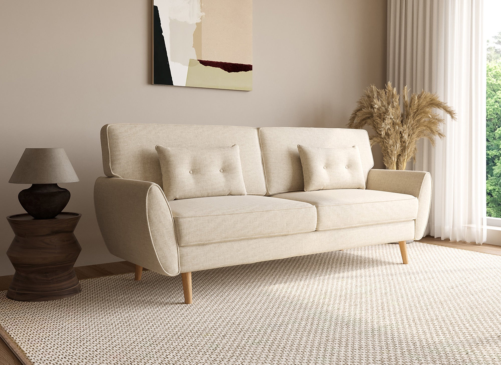 Sofá PANAMA de tela beige con mecanismo clic-clac y patas de madera