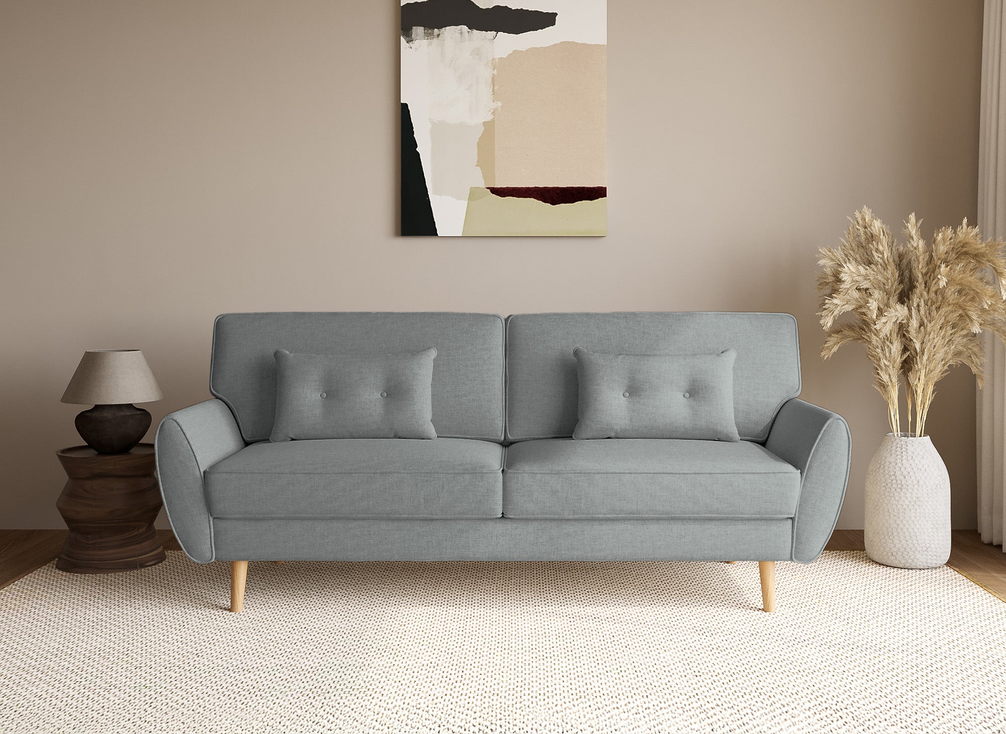 Sofá PANAMA de tela gris claro con mecanismo clic-clac y patas de madera