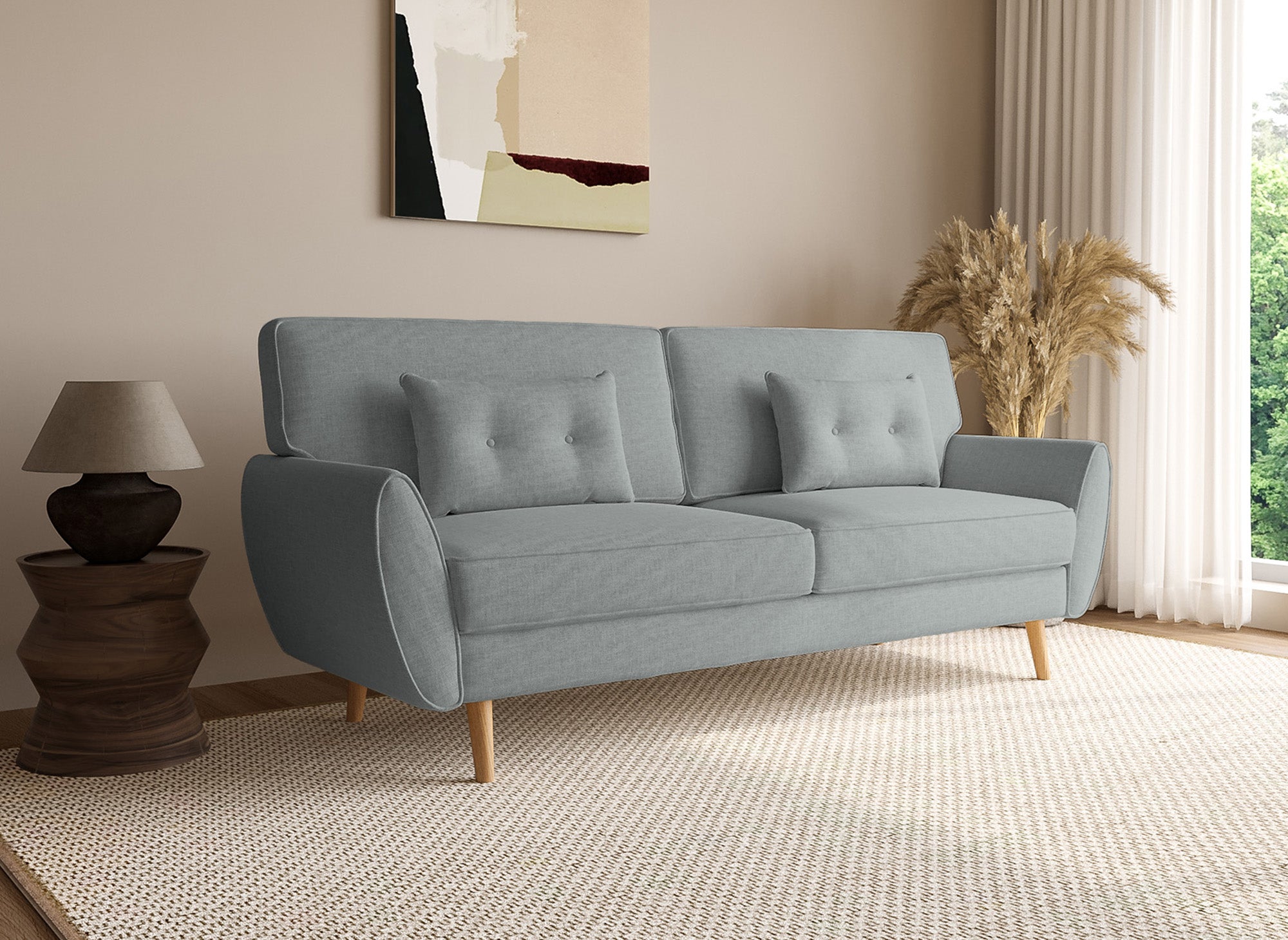 Sofá PANAMA de tela gris claro con mecanismo clic-clac y patas de madera