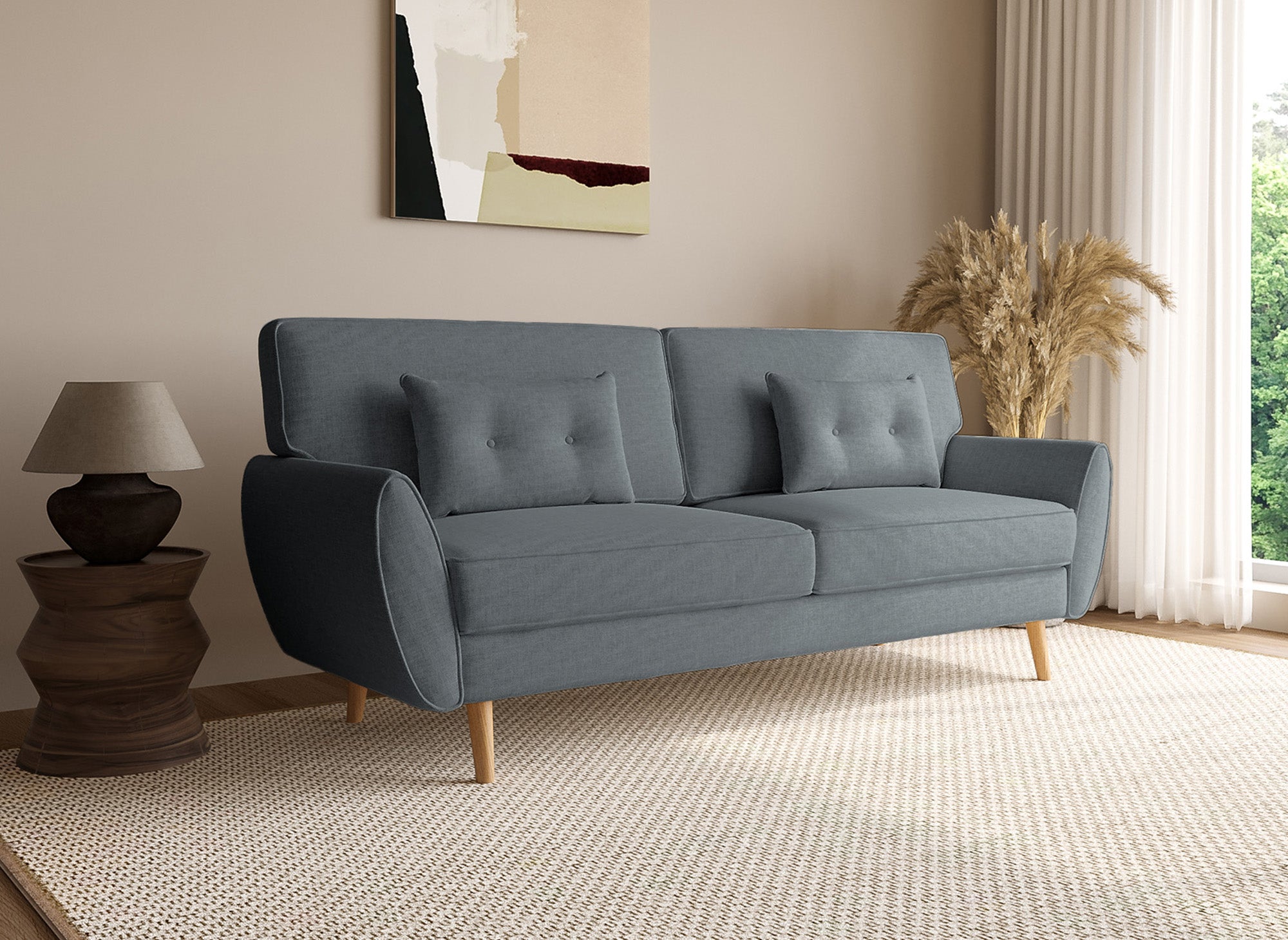 Sofá Panamá de tela gris oscuro con mecanismo clic-clac y patas de madera