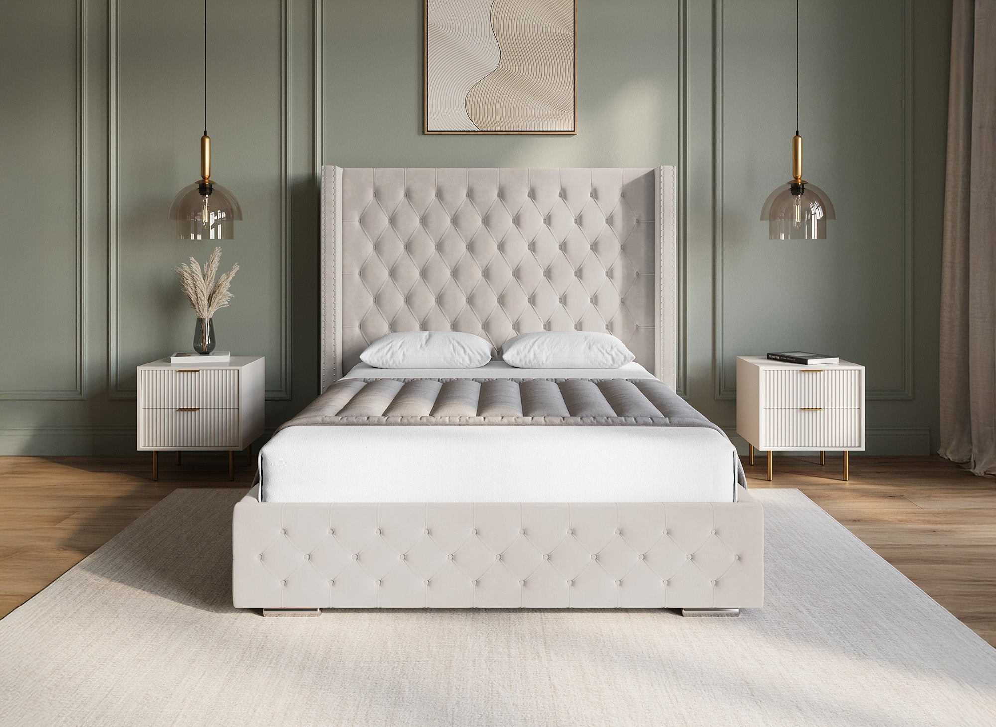 Cama de almacenaje Maxi de terciopelo beige de 140x190 cm