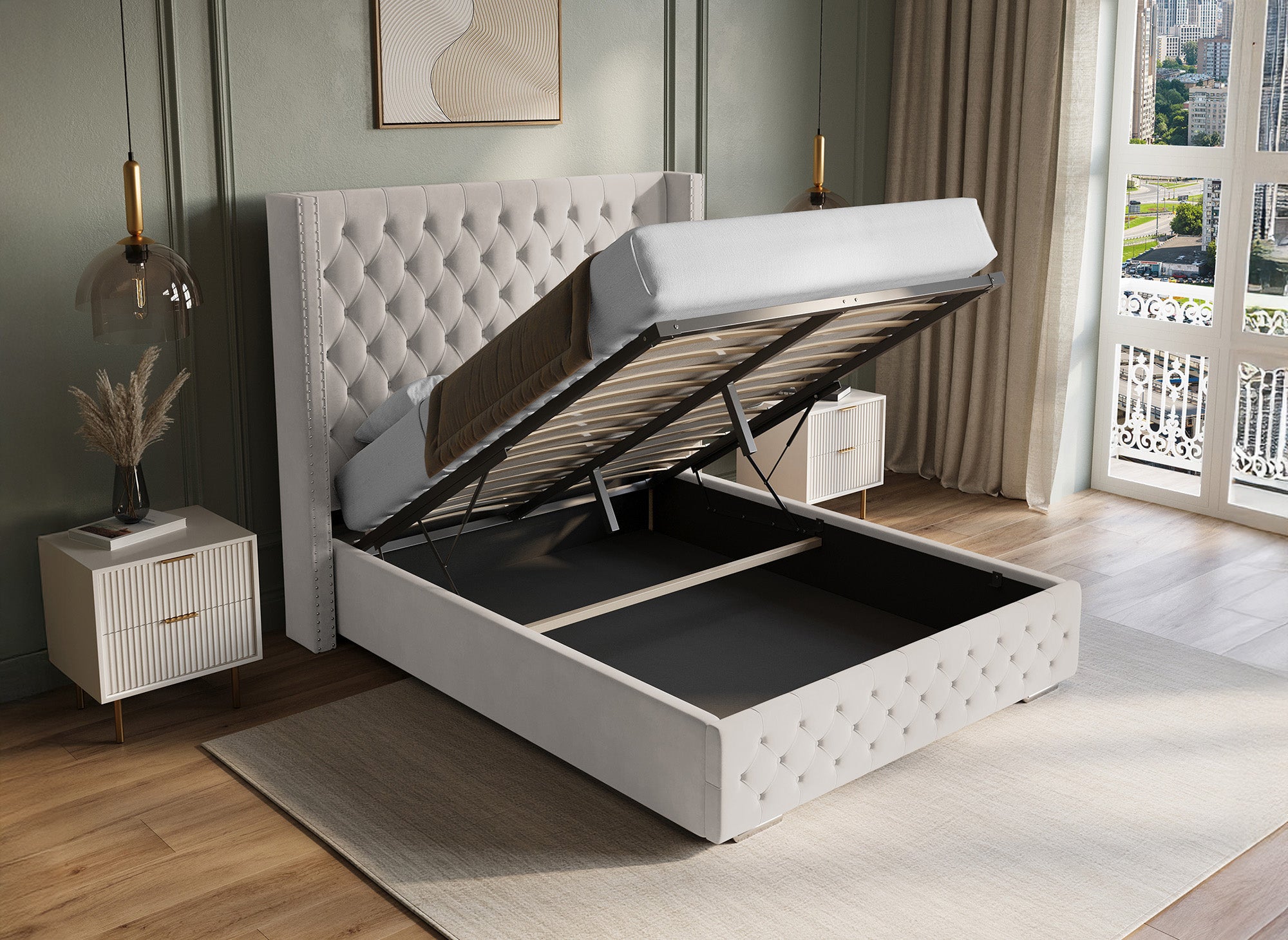 Cama de almacenaje Maxi de terciopelo beige de 140x190 cm