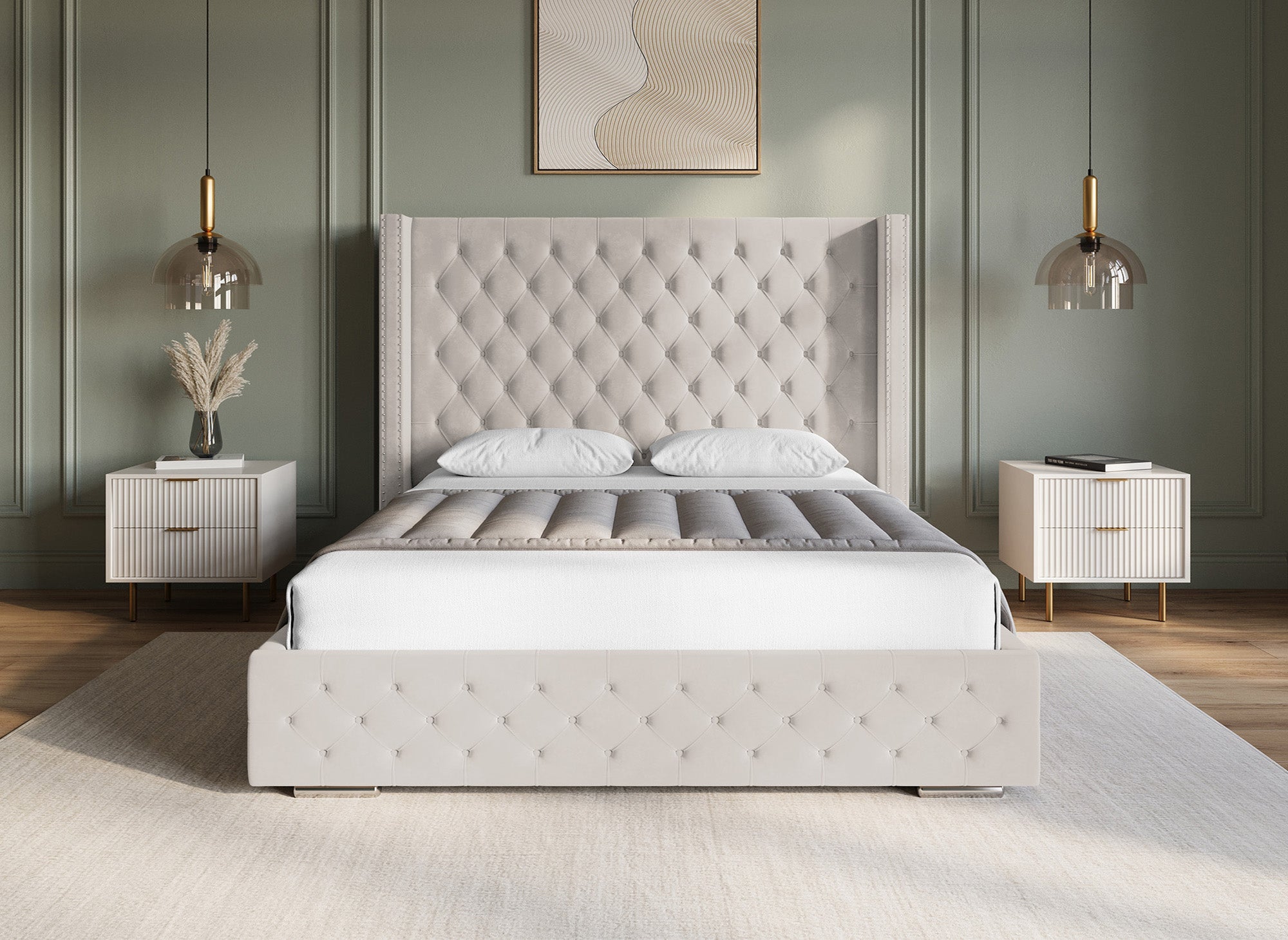 Cama de almacenaje Maxi de terciopelo beige de 180x200 cm