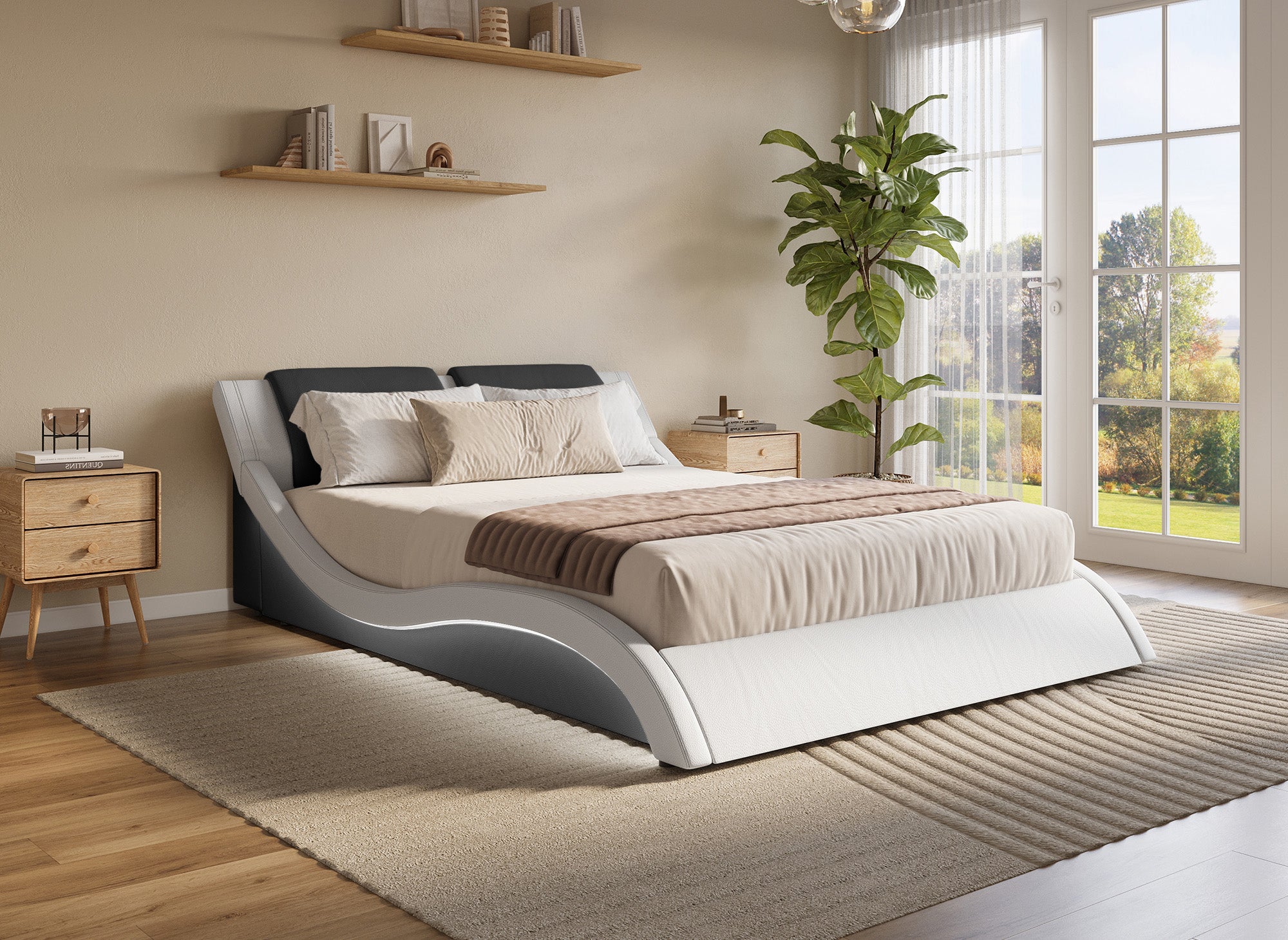 Cama ZEDA de piel sintética blanca y negra con iluminación LED, 180x200 cm