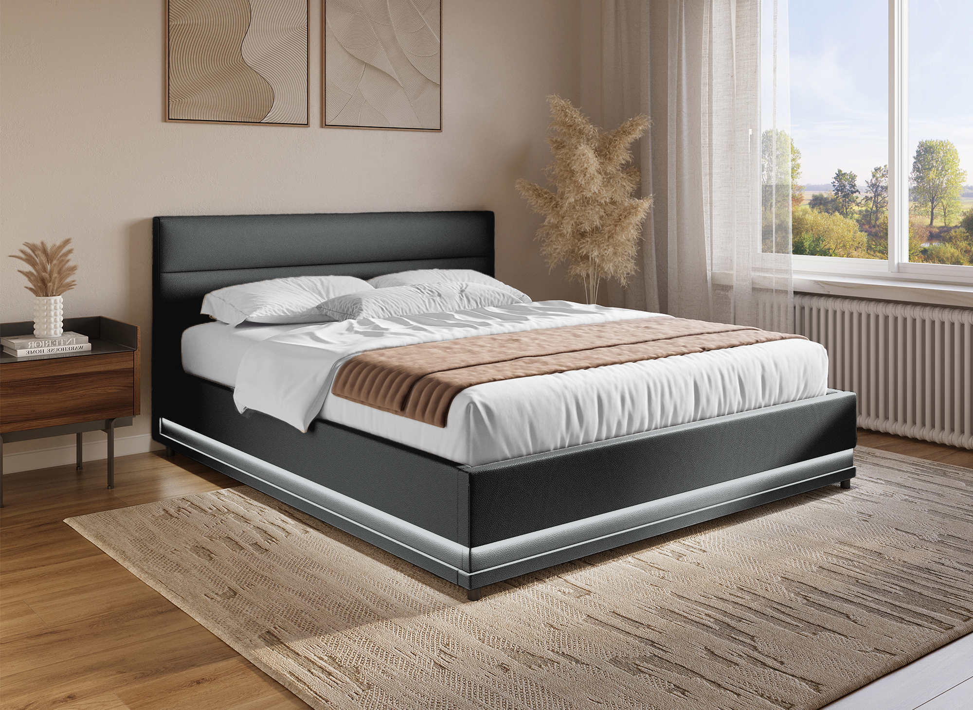 Cama con almacenaje ELENCE de piel sintética negra, 180x200 cm