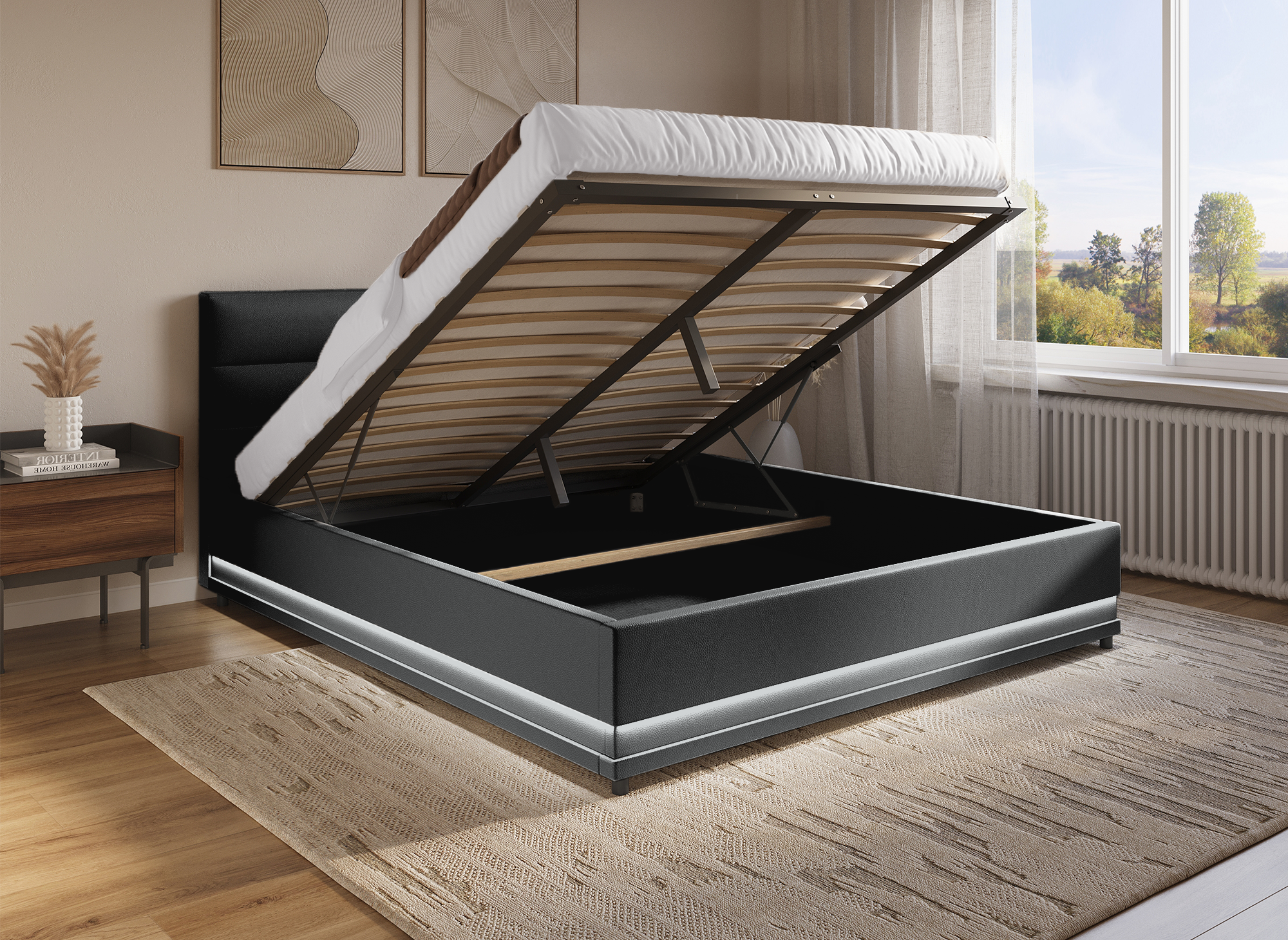 Cama con almacenaje ELENCE de piel sintética negra, 180x200 cm