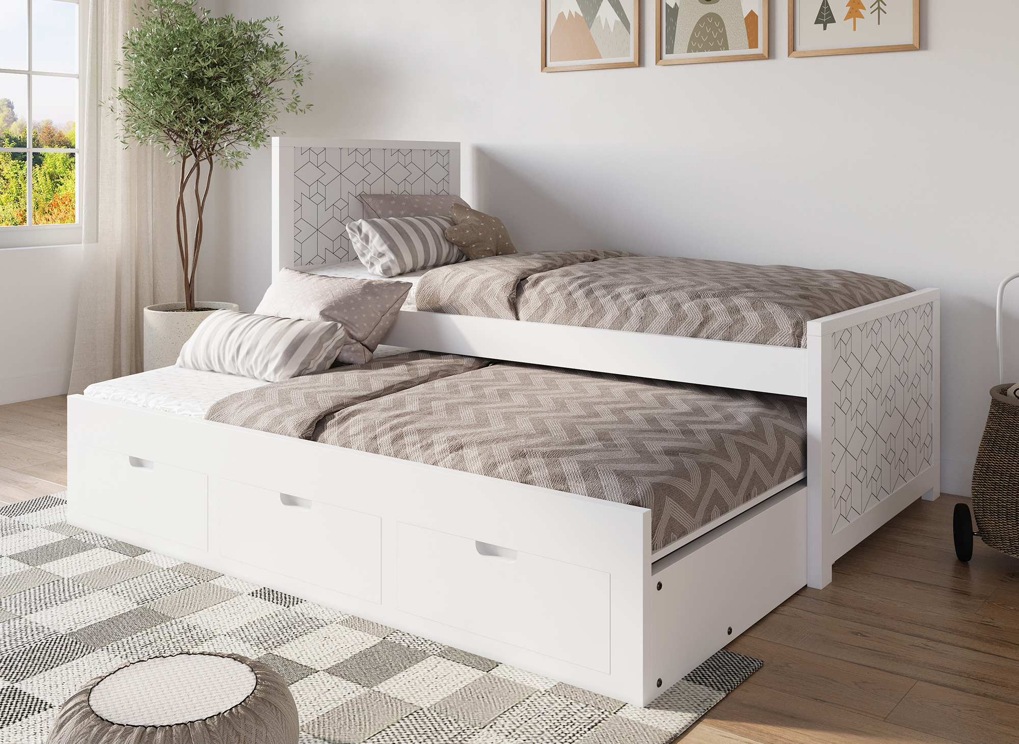 Cama nido ENORA de madera blanca con cajones, 90 x 190 cm