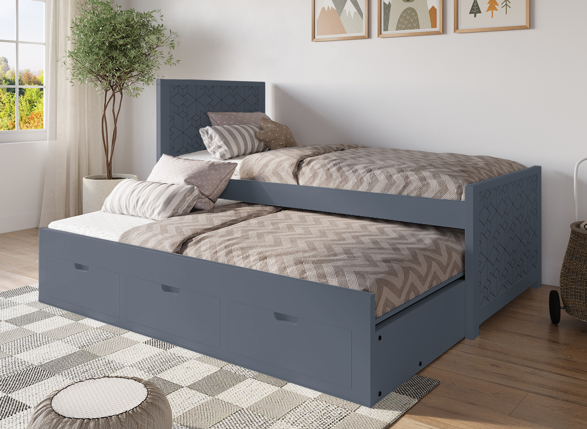 Cama nido ENORA con cajones en madera gris, 90 x 190 cm