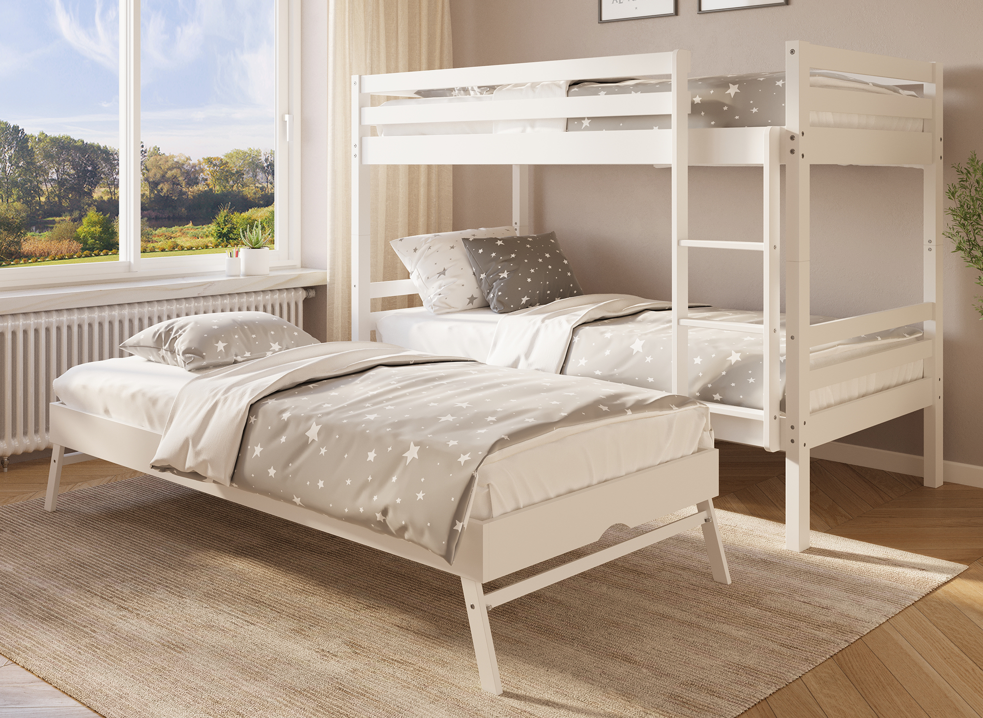 Litera nido LEOPAUL de madera blanca de 90 x 190 cm con almacenaje extraíble para 3 personas