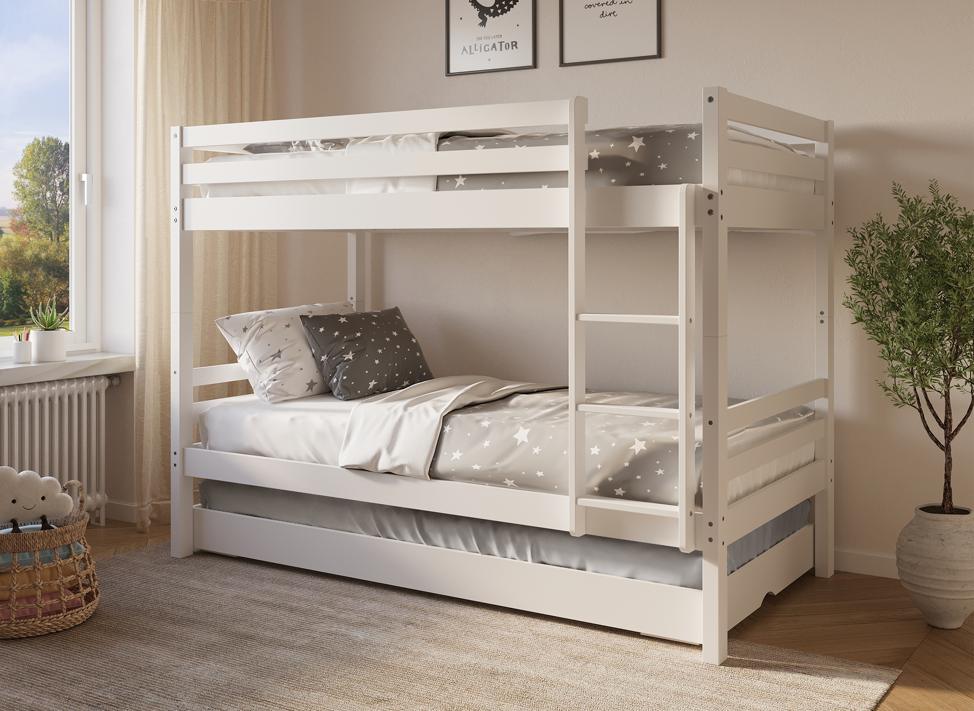 Litera nido LEOPAUL de madera blanca de 90 x 190 cm con almacenaje extraíble para 3 personas