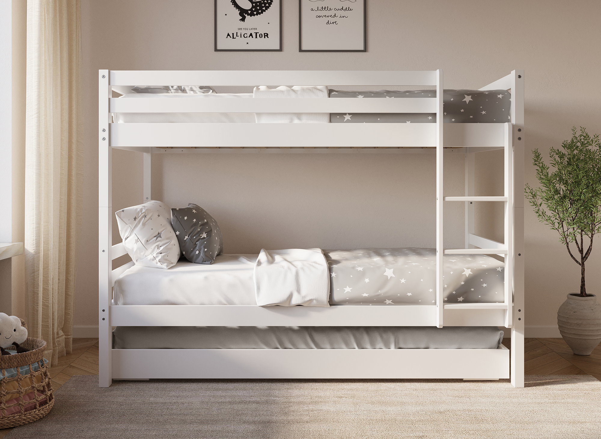 Litera nido LEOPAUL de madera blanca de 90 x 190 cm con almacenaje extraíble para 3 personas