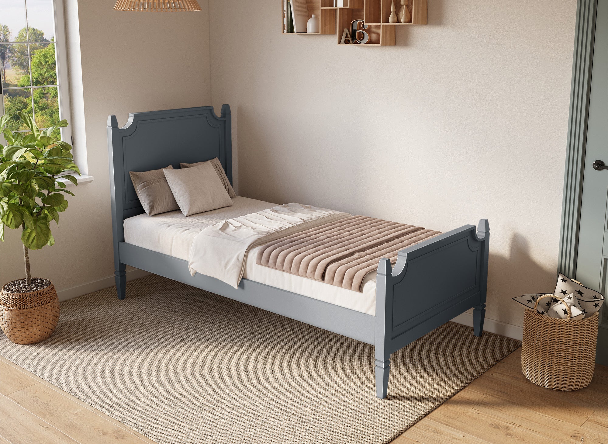 Cama individual de madera gris PAULINE 90 x 190 cm