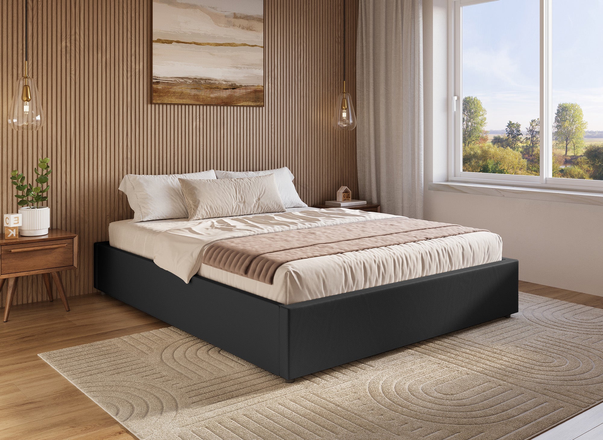 Cama abatible LIZBAN de 140x190 cm en piel sintética negra con almacenaje