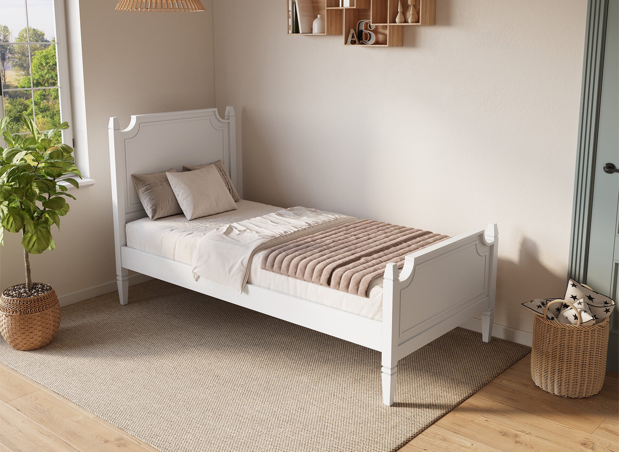Cama individual PAULINE en madera blanca, 90 x 190 cm