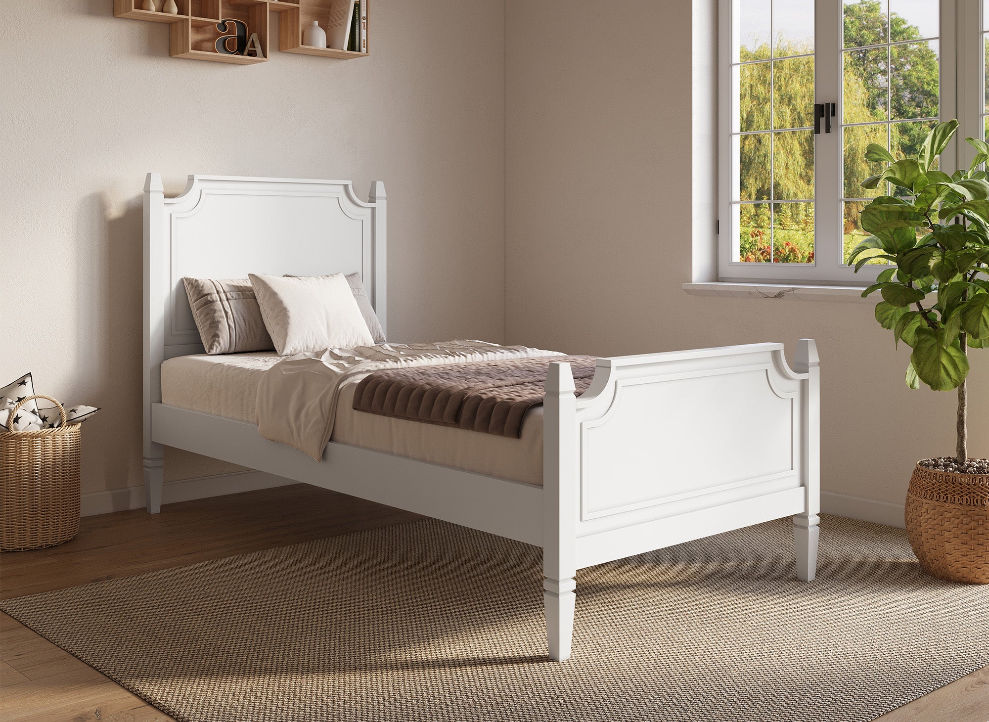 Cama individual PAULINE en madera blanca, 90 x 190 cm