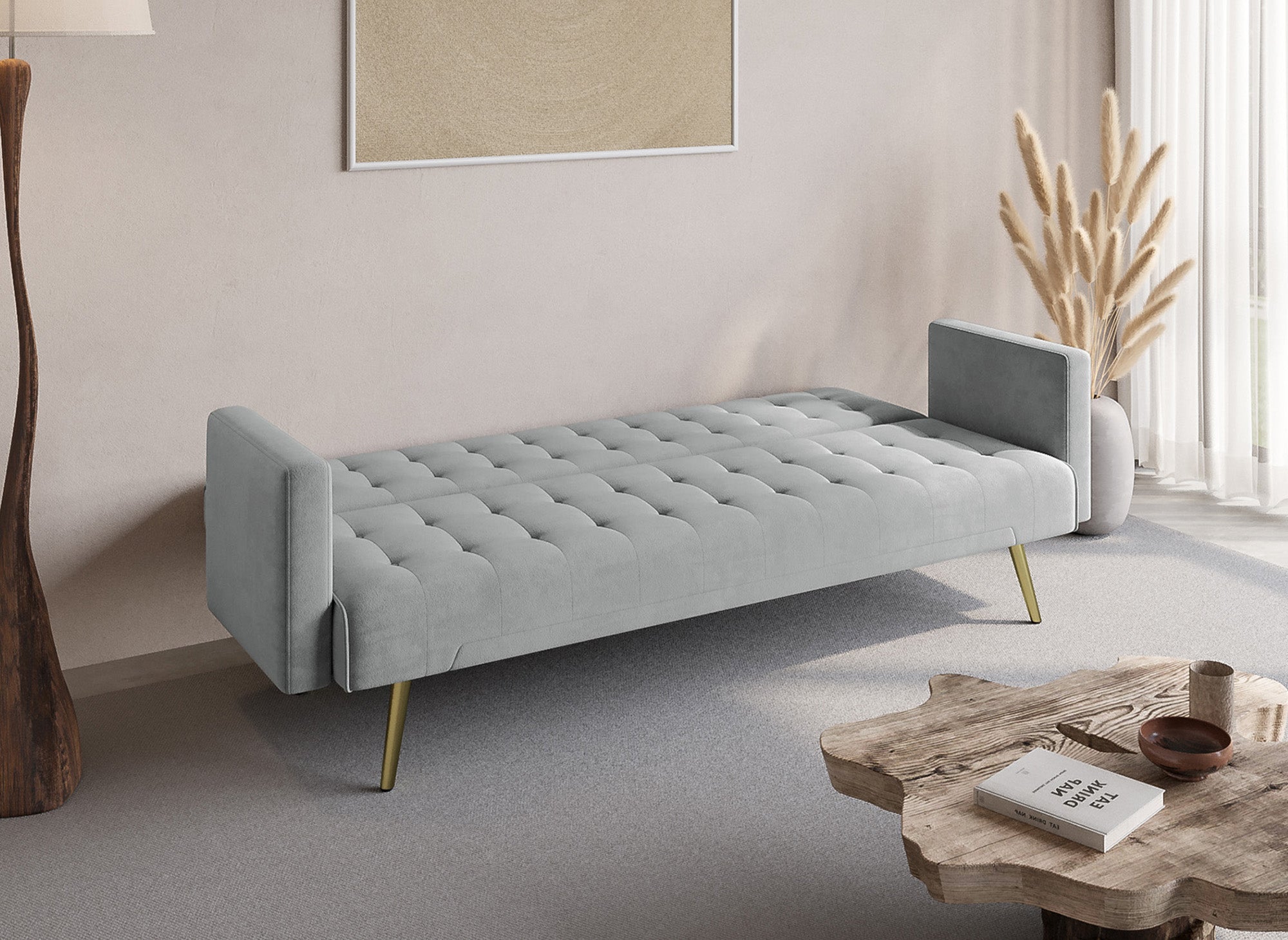 Sofá CHICAGO de terciopelo gris con mecanismo clic-clac y patas de metal dorado