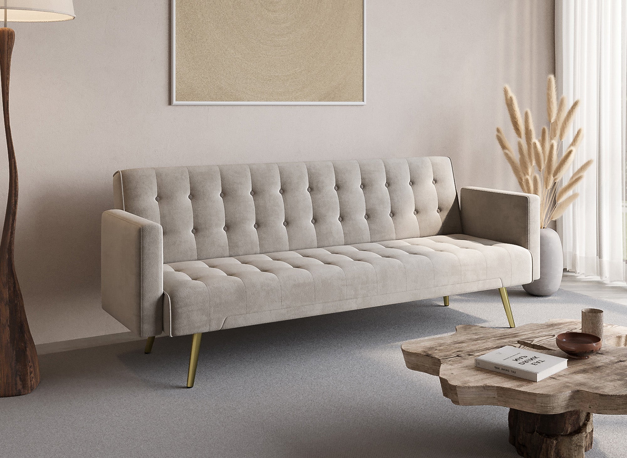 Sofá CHICAGO de terciopelo beige con mecanismo clic-clac y patas de metal dorado