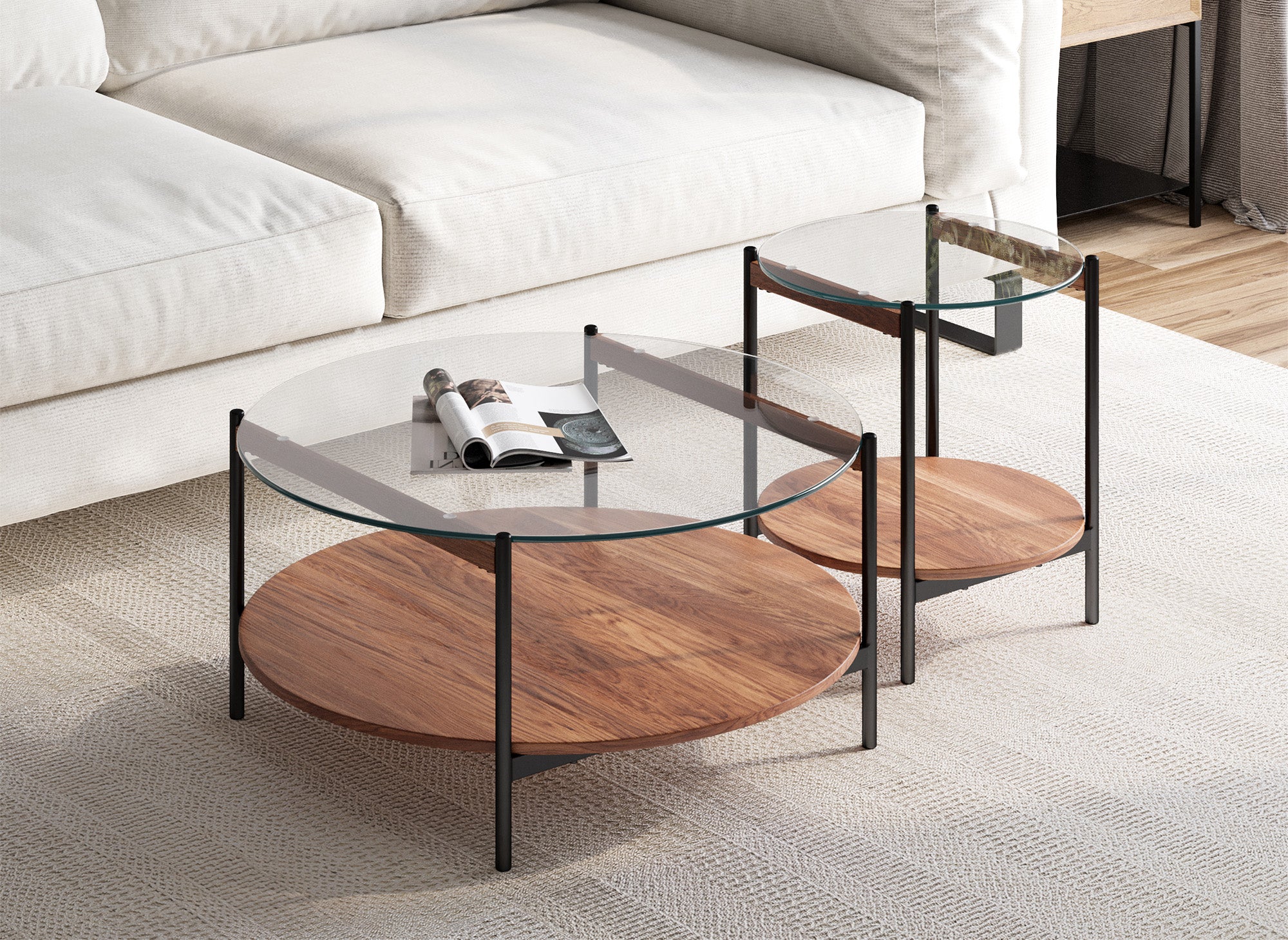 Juego de 2 mesas de centro redondas de cristal, madera y metal RIZZO