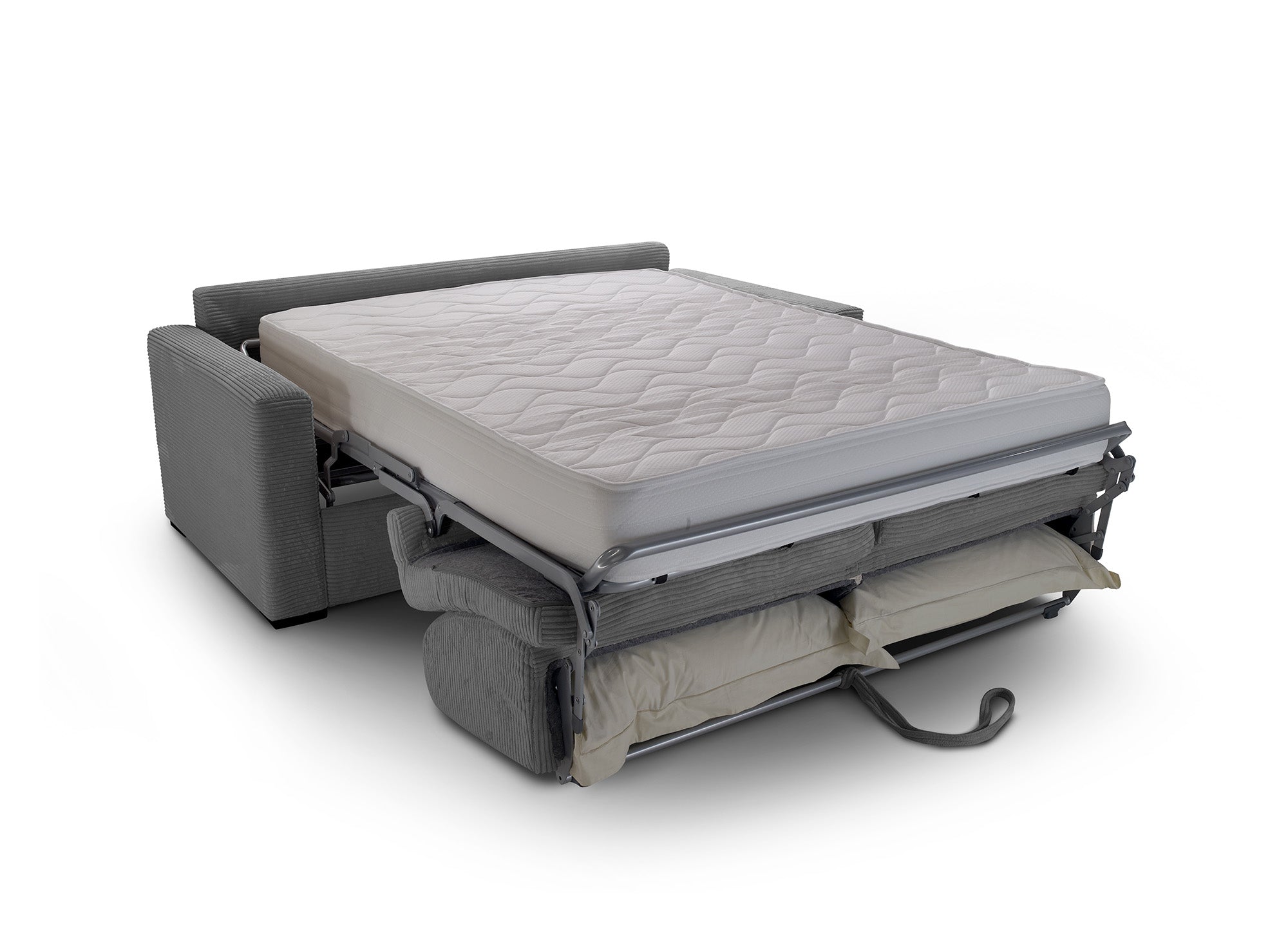 Sofá cama LOUNA LUXE de 3 plazas en pana gris oscuro con apertura rápida y colchón de 18 cm.