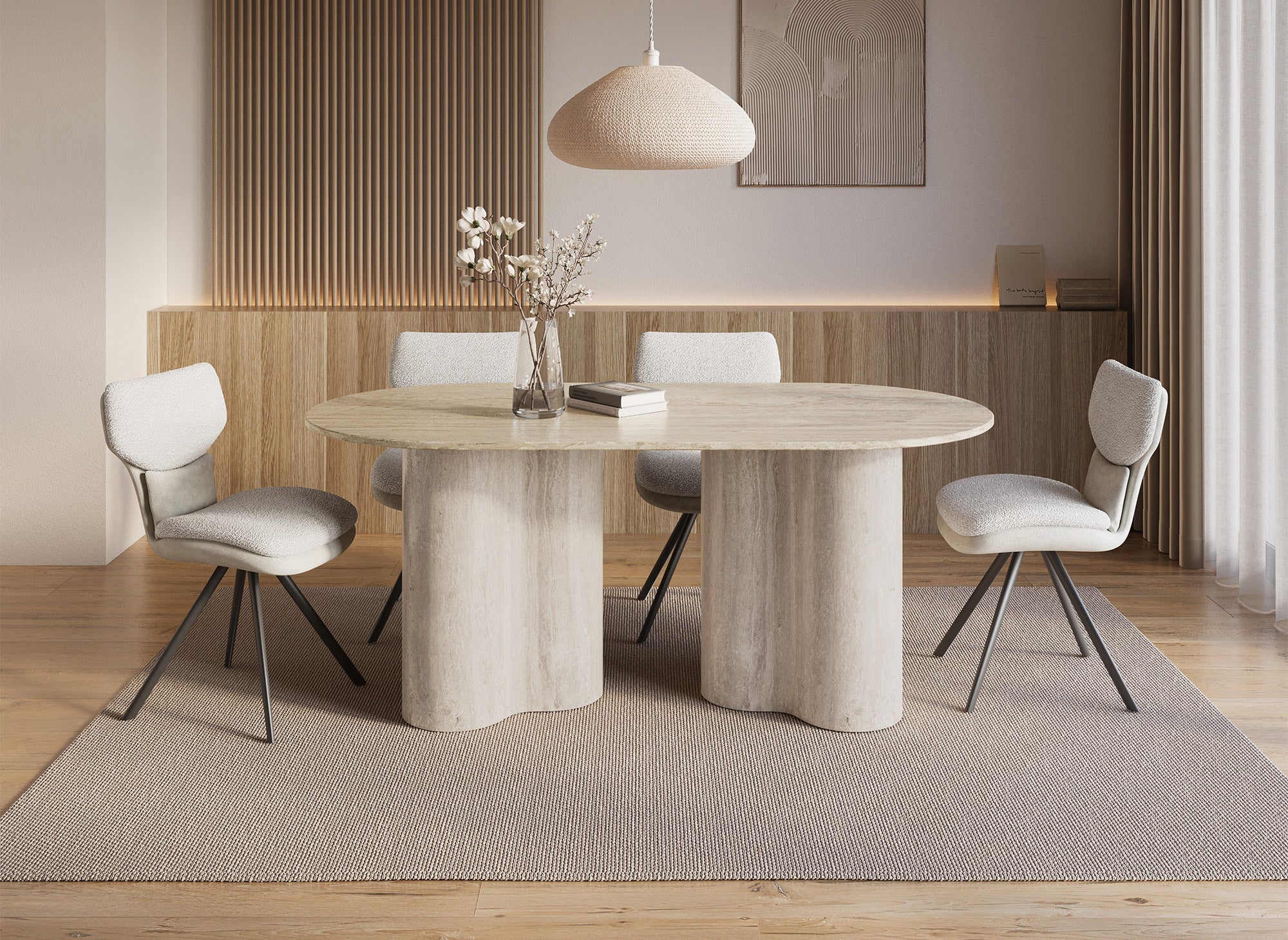 Mesa de comedor VANINA en mármol compuesto beige con patas de forma orgánica, capacidad para 6 personas