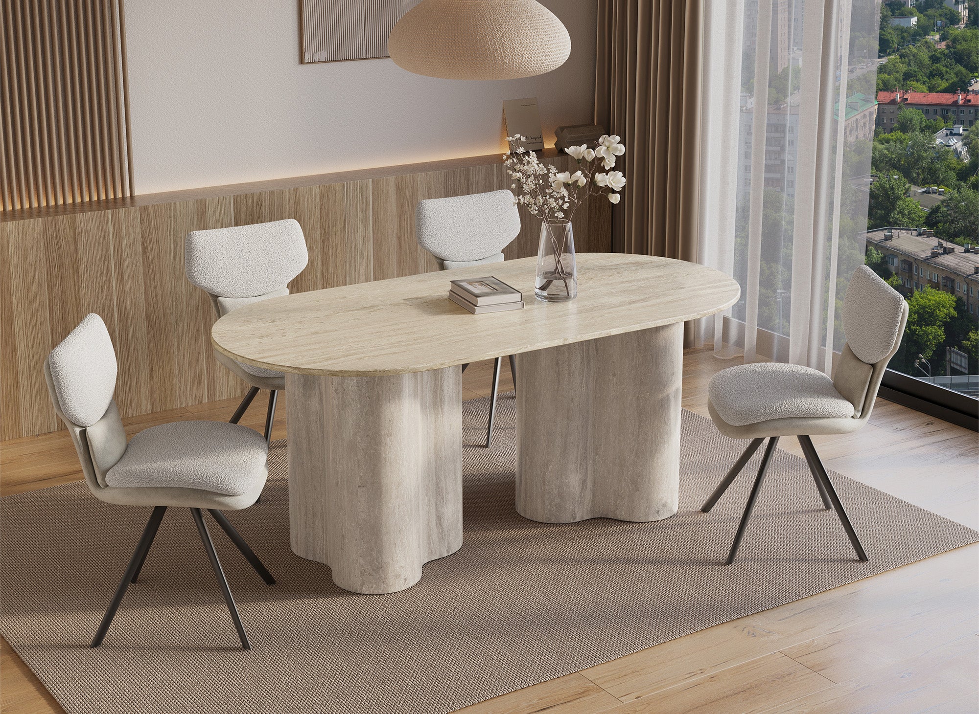 Mesa de comedor VANINA en mármol compuesto beige con patas de forma orgánica, capacidad para 6 personas
