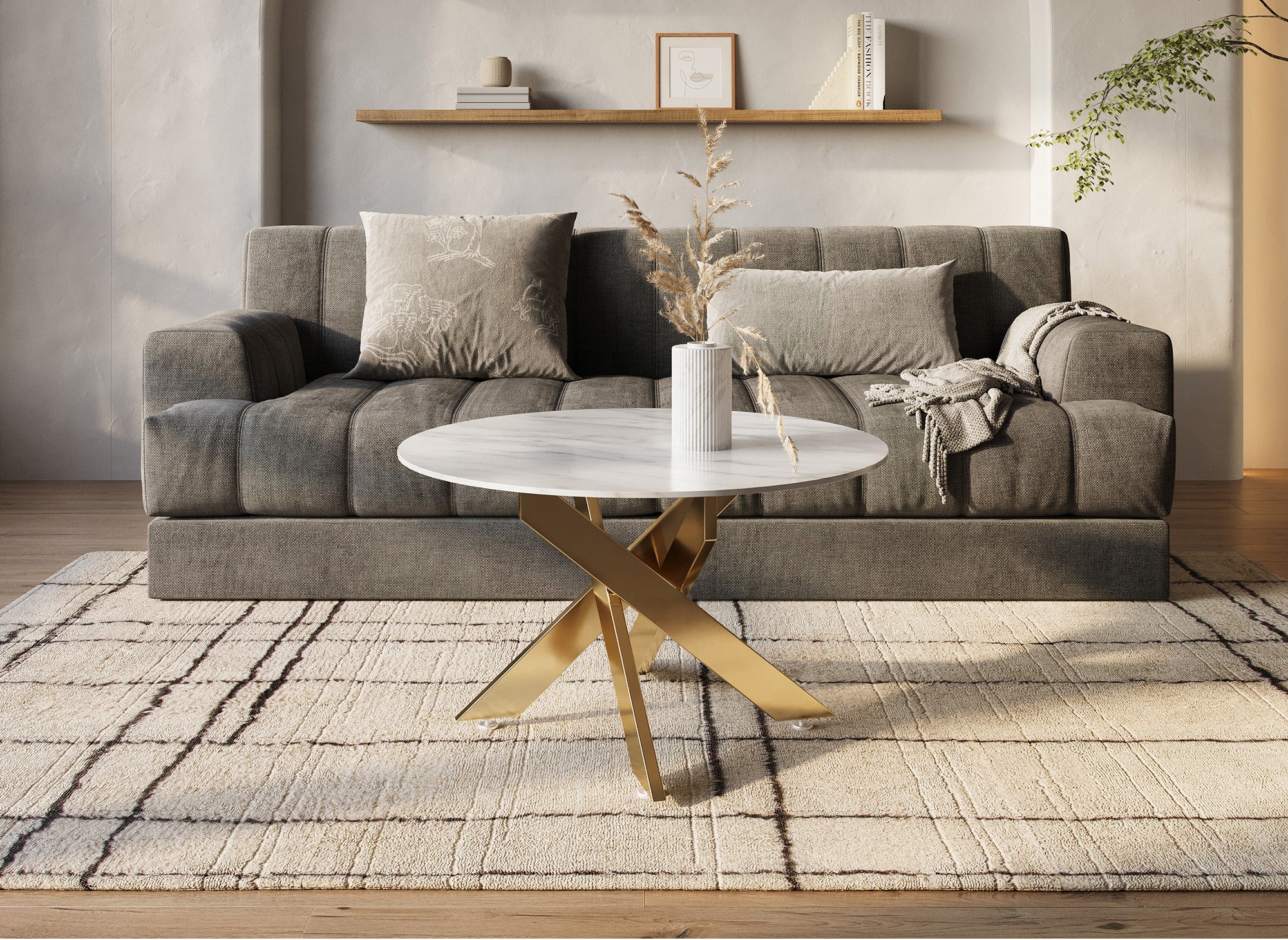 Mesa de centro redonda de diseño MELISSA con cristal marmolado y patas doradas