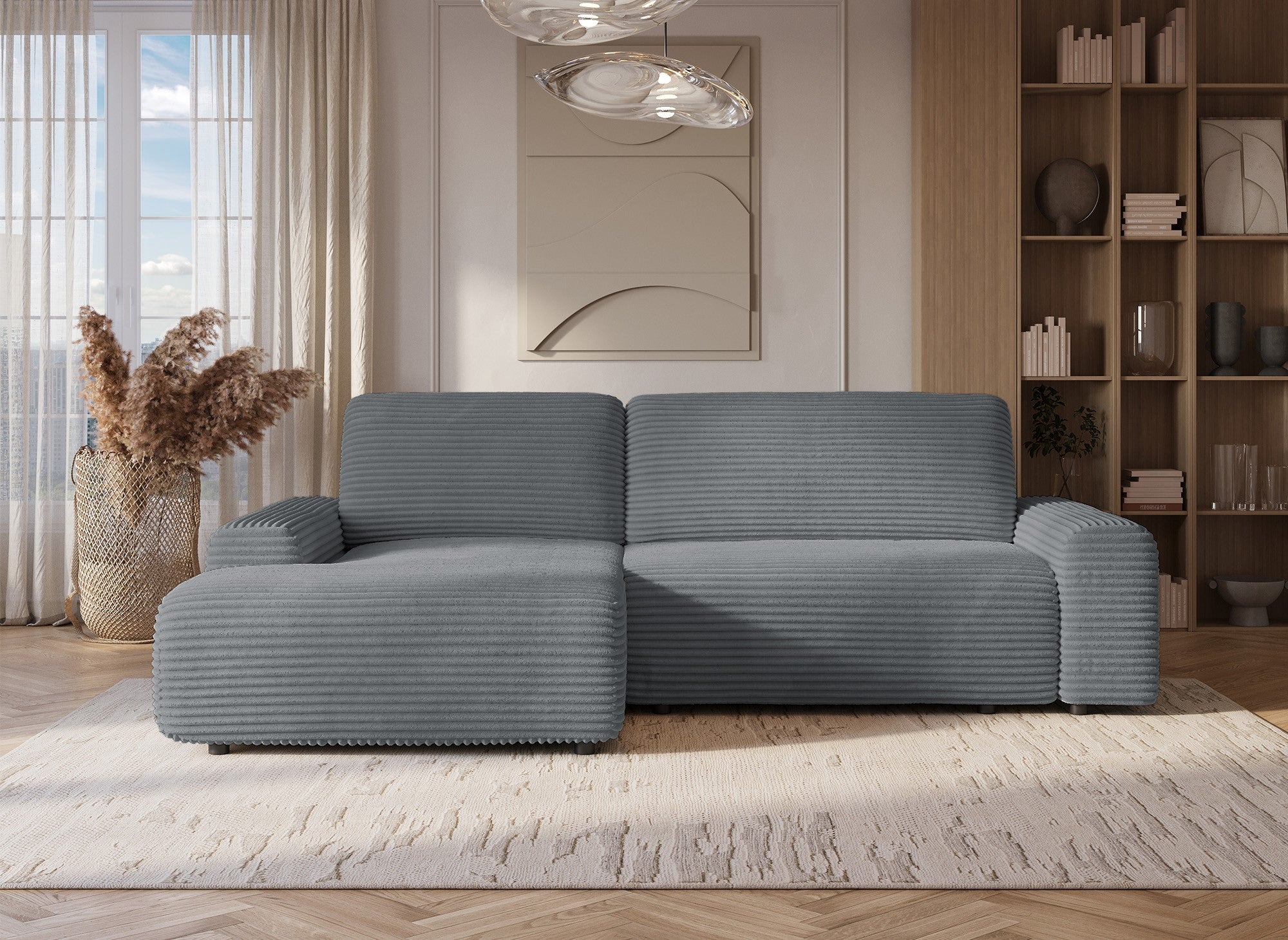 Sofá cama esquinero izquierdo BALI con almacenaje en pana gruesa gris oscuro - Esquinero izquierdo