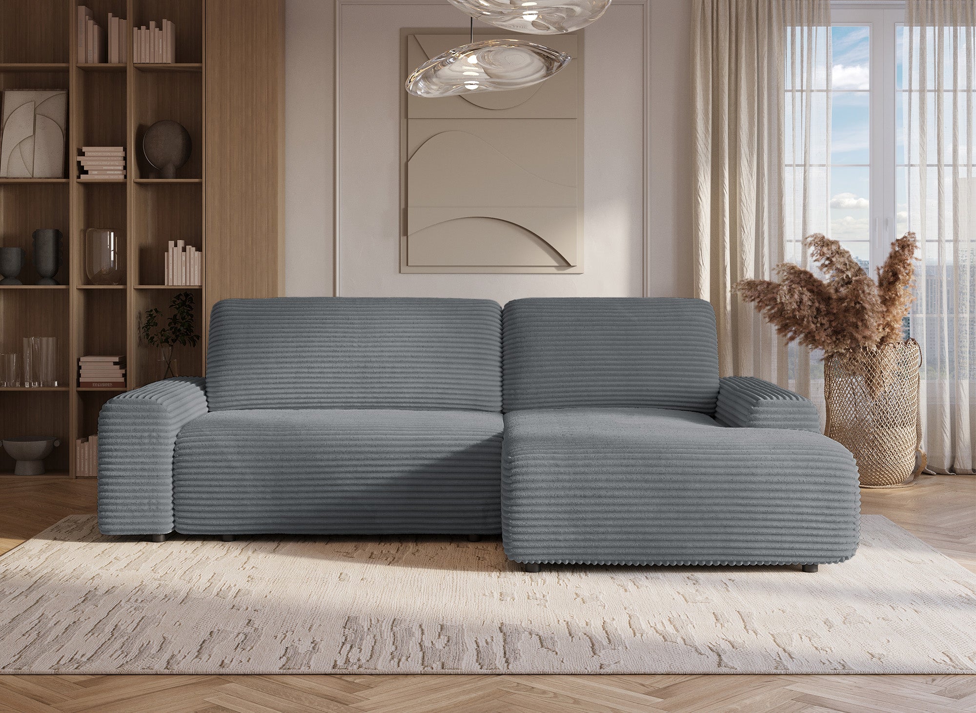 Sofá cama esquinero derecho BALI con almacenaje en pana gruesa gris oscuro - Esquinero derecho