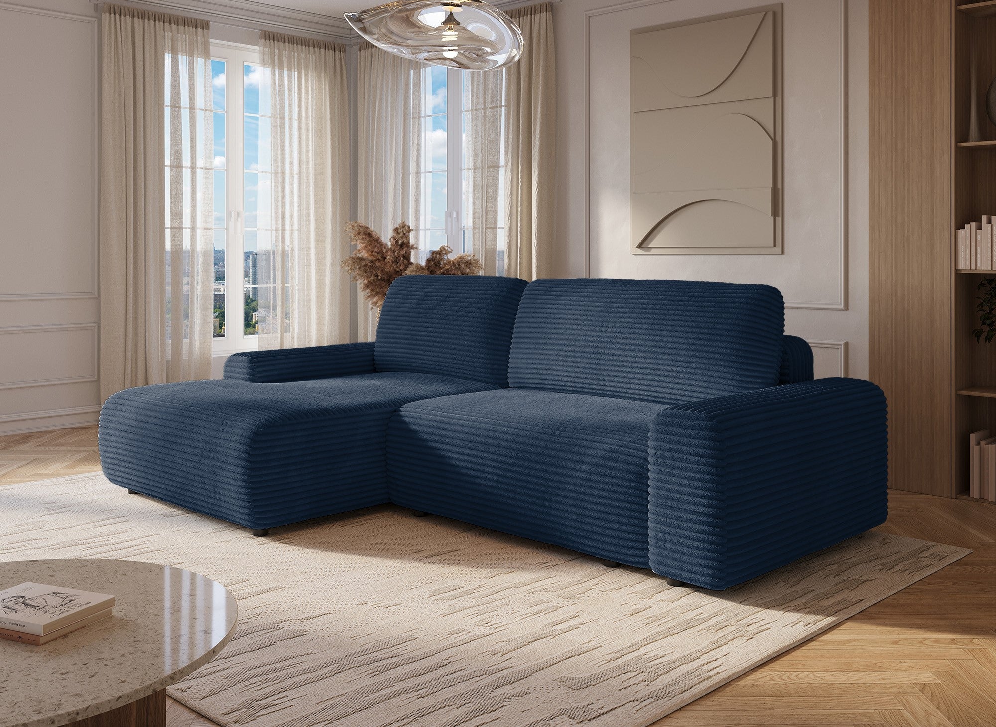 Sofá cama esquinero izquierdo BALI con almacenaje en pana azul oscuro gruesa - Esquinero izquierdo