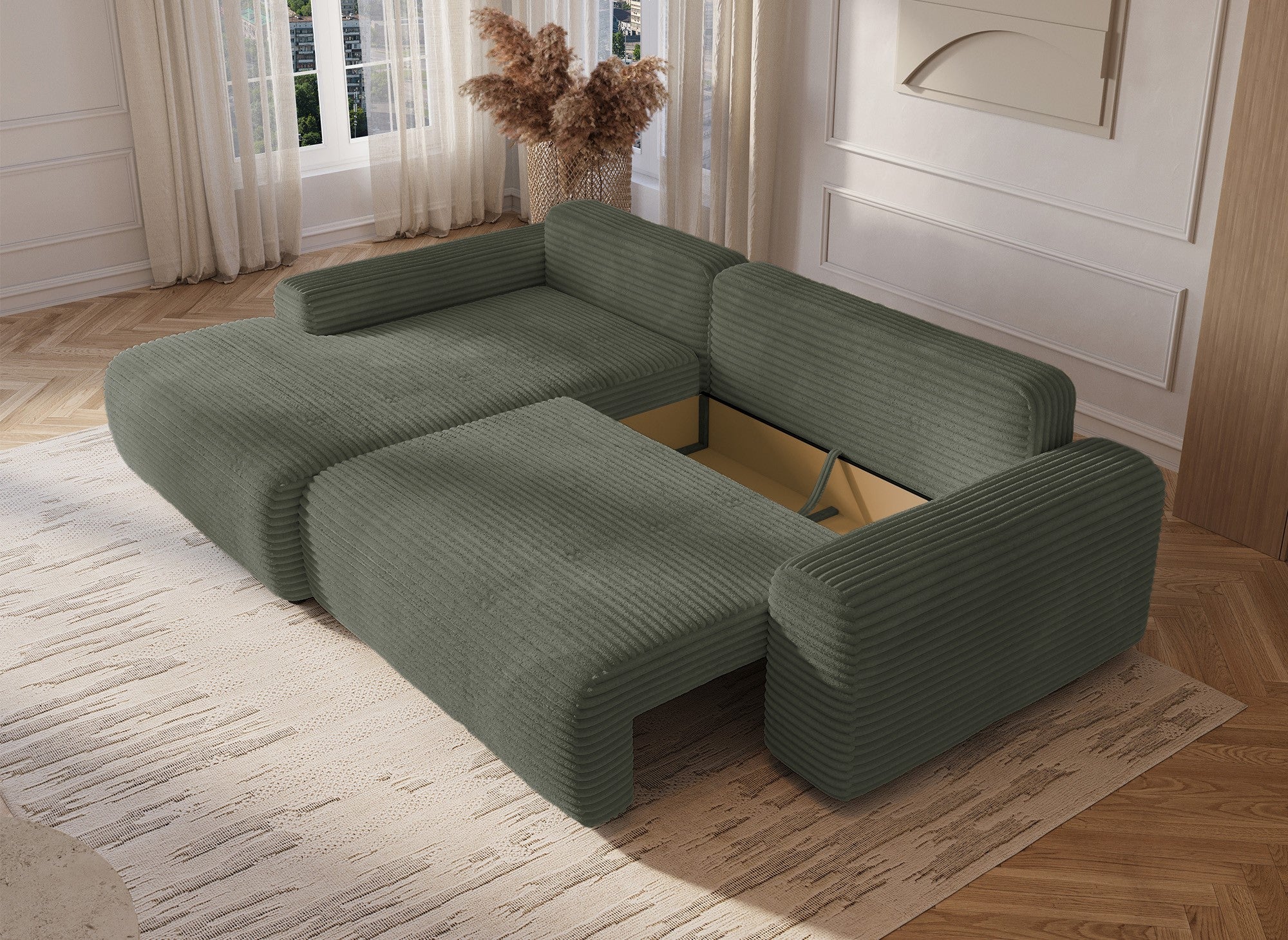 Sofá cama esquinero izquierdo BALI con almacenaje en pana gruesa verde caqui - Esquinero izquierdo